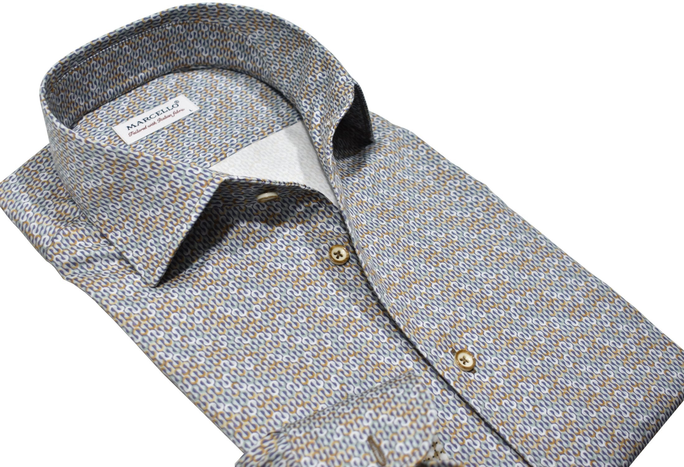 Upgrade your wardrobe with the W032R Python Swirl Roll Collar. Crafted from extra fine cotton with a luxurious silk-like finish, this shirt is a dream to wear. The Marcello exclusive one-piece roll collar stands elegantly, while the custom matched buttons and trim fabric add a touch of sophistication.