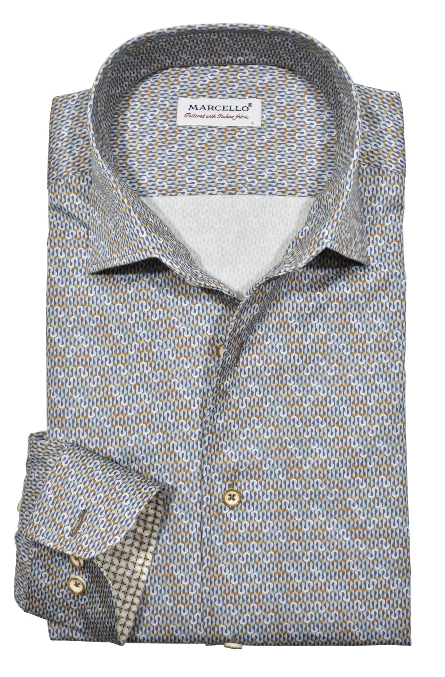 Upgrade your wardrobe with the W032R Python Swirl Roll Collar. Crafted from extra fine cotton with a luxurious silk-like finish, this shirt is a dream to wear. The Marcello exclusive one-piece roll collar stands elegantly, while the custom matched buttons and trim fabric add a touch of sophistication.