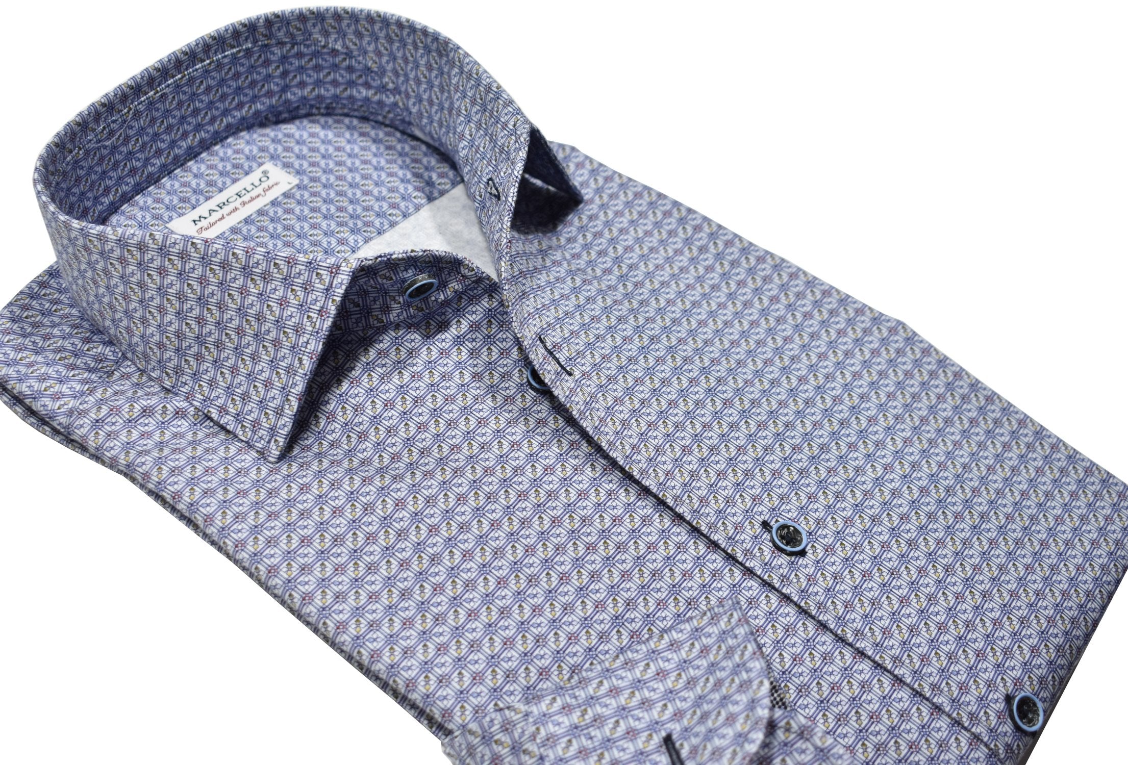 Upgrade your wardrobe with the W033R Kirkland Abstract Roll Collar. Crafted from extra fine cotton with a luxurious silk-like finish, this shirt is a dream to wear. The Marcello exclusive one-piece roll collar stands elegantly, while the custom matched buttons and trim fabric add a touch of sophistication.