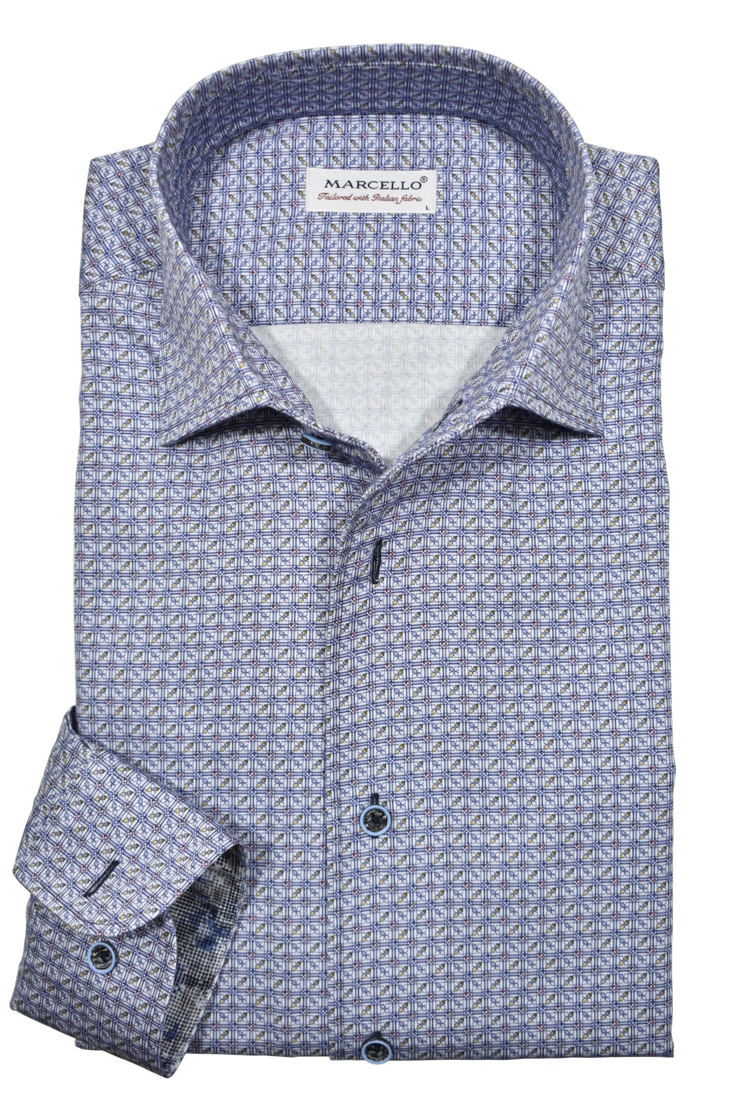 Upgrade your wardrobe with the W033R Kirkland Abstract Roll Collar. Crafted from extra fine cotton with a luxurious silk-like finish, this shirt is a dream to wear. The Marcello exclusive one-piece roll collar stands elegantly, while the custom matched buttons and trim fabric add a touch of sophistication.