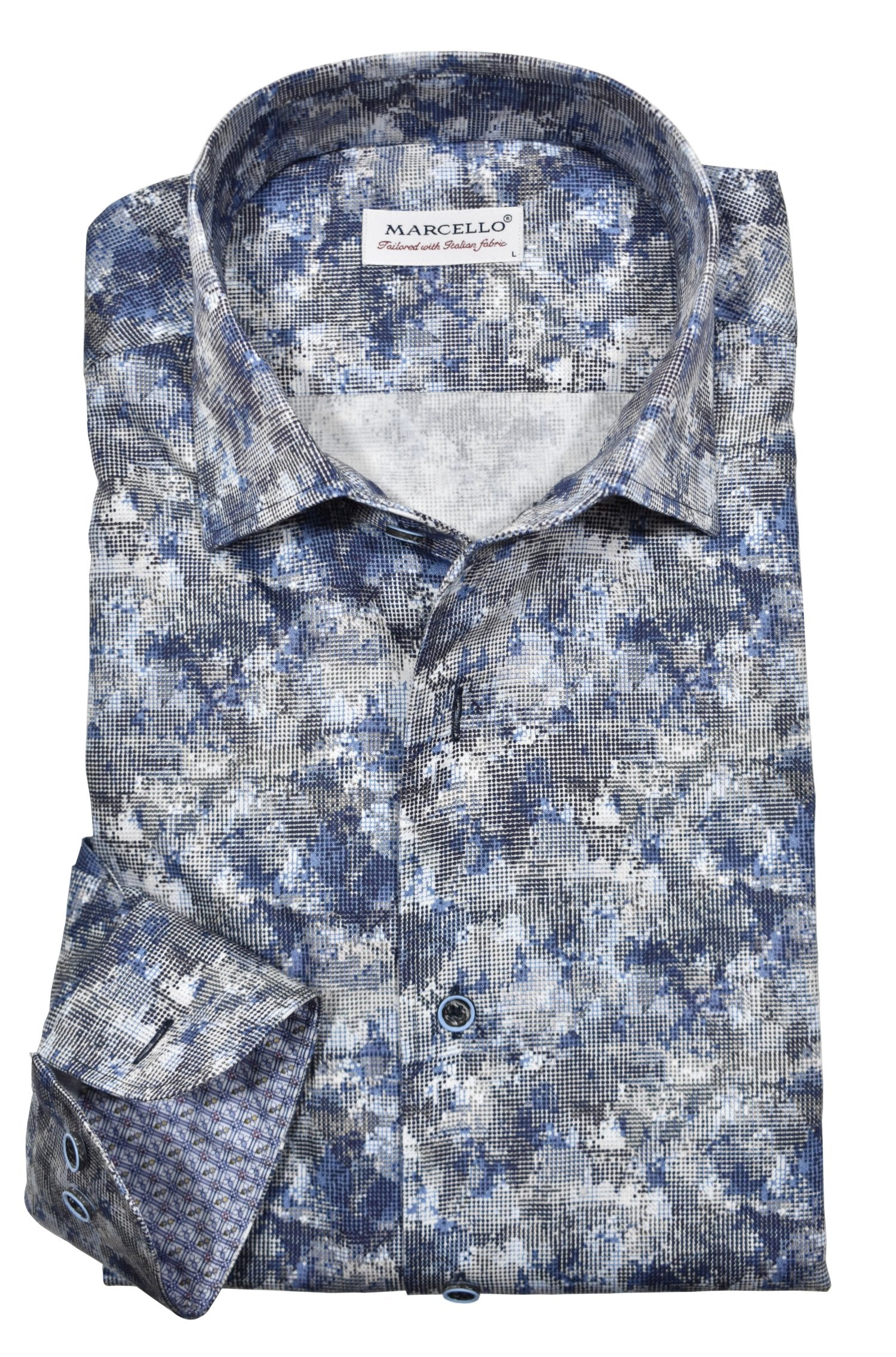 Upgrade your wardrobe with the W033R Nebula Mix Roll Collar. Crafted from extra fine cotton with a luxurious silk-like finish, this shirt is a dream to wear. The Marcello exclusive one-piece roll collar stands elegantly, while the custom matched buttons and trim fabric add a touch of sophistication.