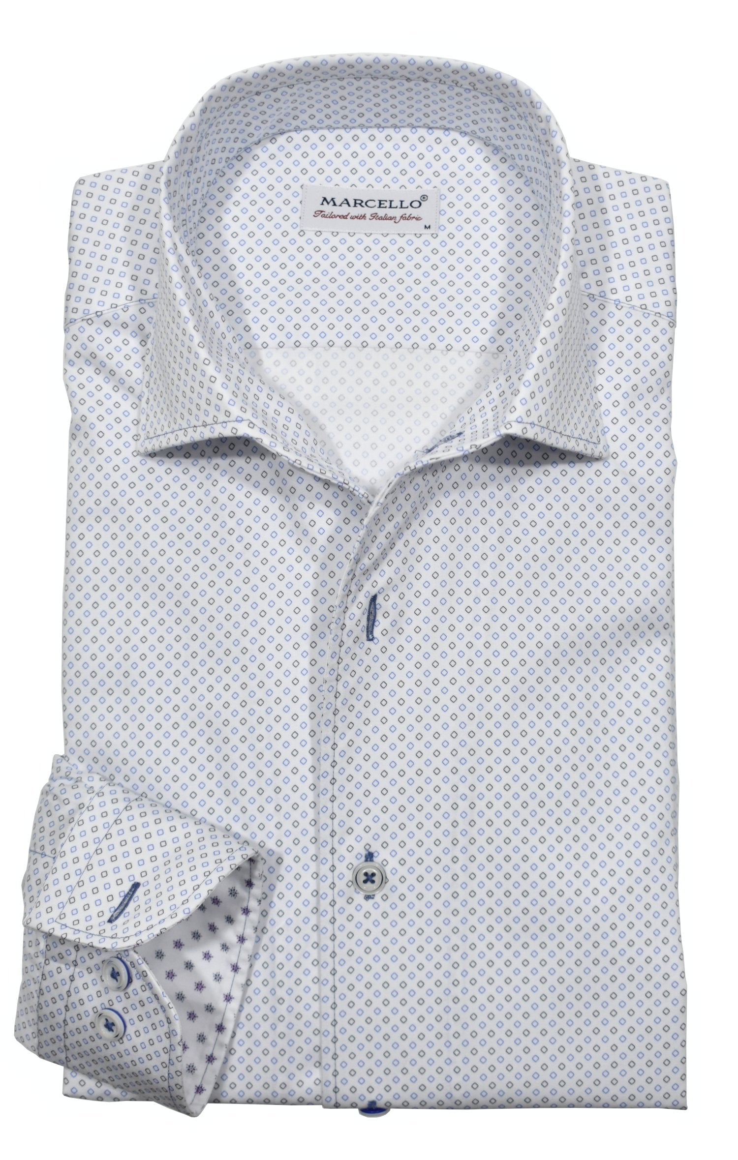 Upgrade your wardrobe with the W035R Rubble Geometric Roll Collar. Crafted from extra fine cotton with a luxurious silk-like finish, this shirt is a dream to wear. The Marcello exclusive one-piece roll collar stands elegantly, while the custom matched buttons and trim fabric add a touch of sophistication.