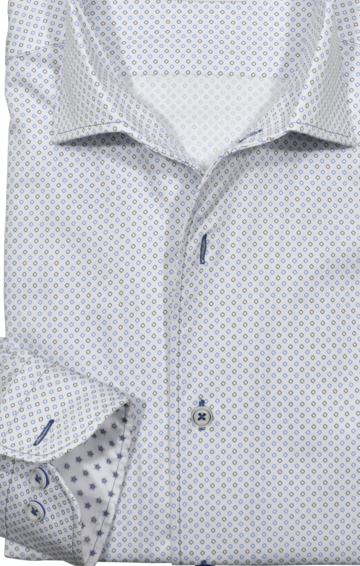 Upgrade your wardrobe with the W035R Rubble Geometric Roll Collar. Crafted from extra fine cotton with a luxurious silk-like finish, this shirt is a dream to wear. The Marcello exclusive one-piece roll collar stands elegantly, while the custom matched buttons and trim fabric add a touch of sophistication.