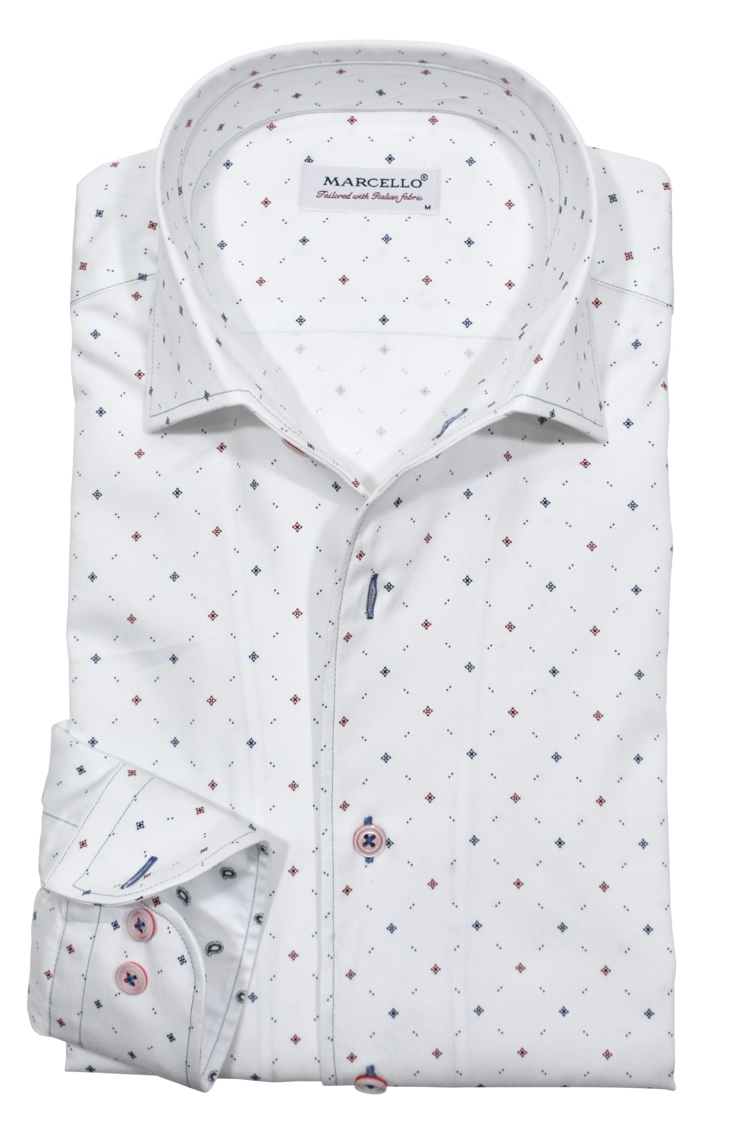 Upgrade your wardrobe with the W037R Sketch Diamond Roll Collar. Crafted from extra fine cotton with a luxurious silk-like finish, this shirt is a dream to wear. The Marcello exclusive one-piece roll collar stands elegantly, while the custom matched buttons and trim fabric add a touch of sophistication.