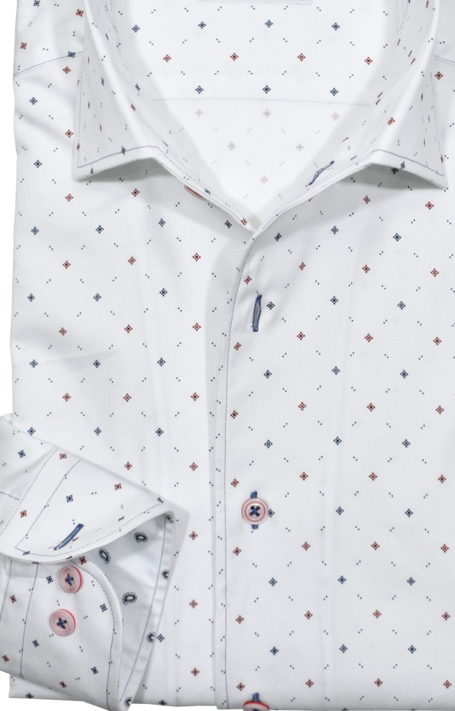 Upgrade your wardrobe with the W037R Sketch Diamond Roll Collar. Crafted from extra fine cotton with a luxurious silk-like finish, this shirt is a dream to wear. The Marcello exclusive one-piece roll collar stands elegantly, while the custom matched buttons and trim fabric add a touch of sophistication.