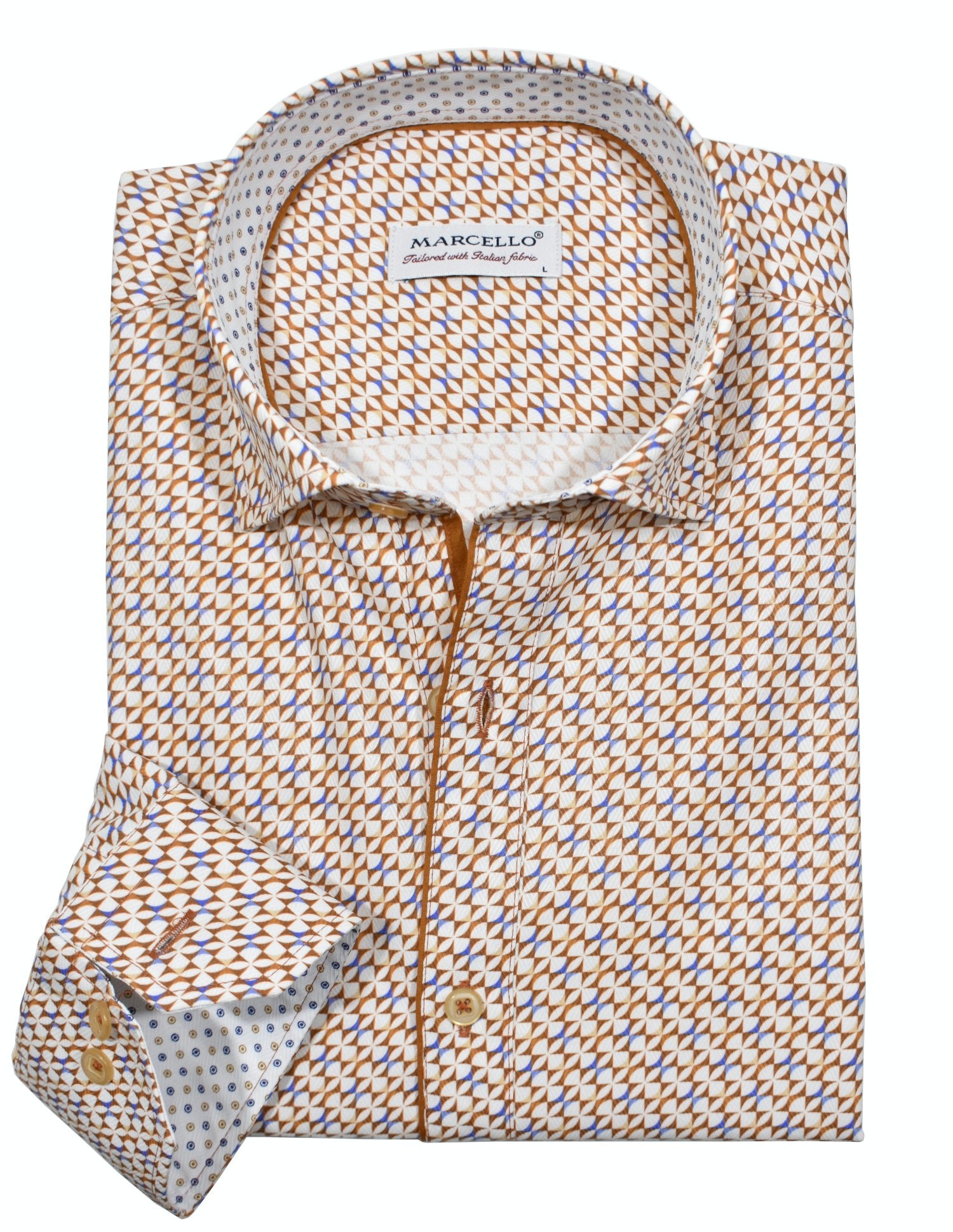 Indulge in luxurious comfort with W044 Copper Fleur by Marcello Sport. The soft cotton sateen fabric provides a luxurious touch while accent taping and matched buttons add a touch of elegance. The medium hidden button down collar keeps you looking sharp.