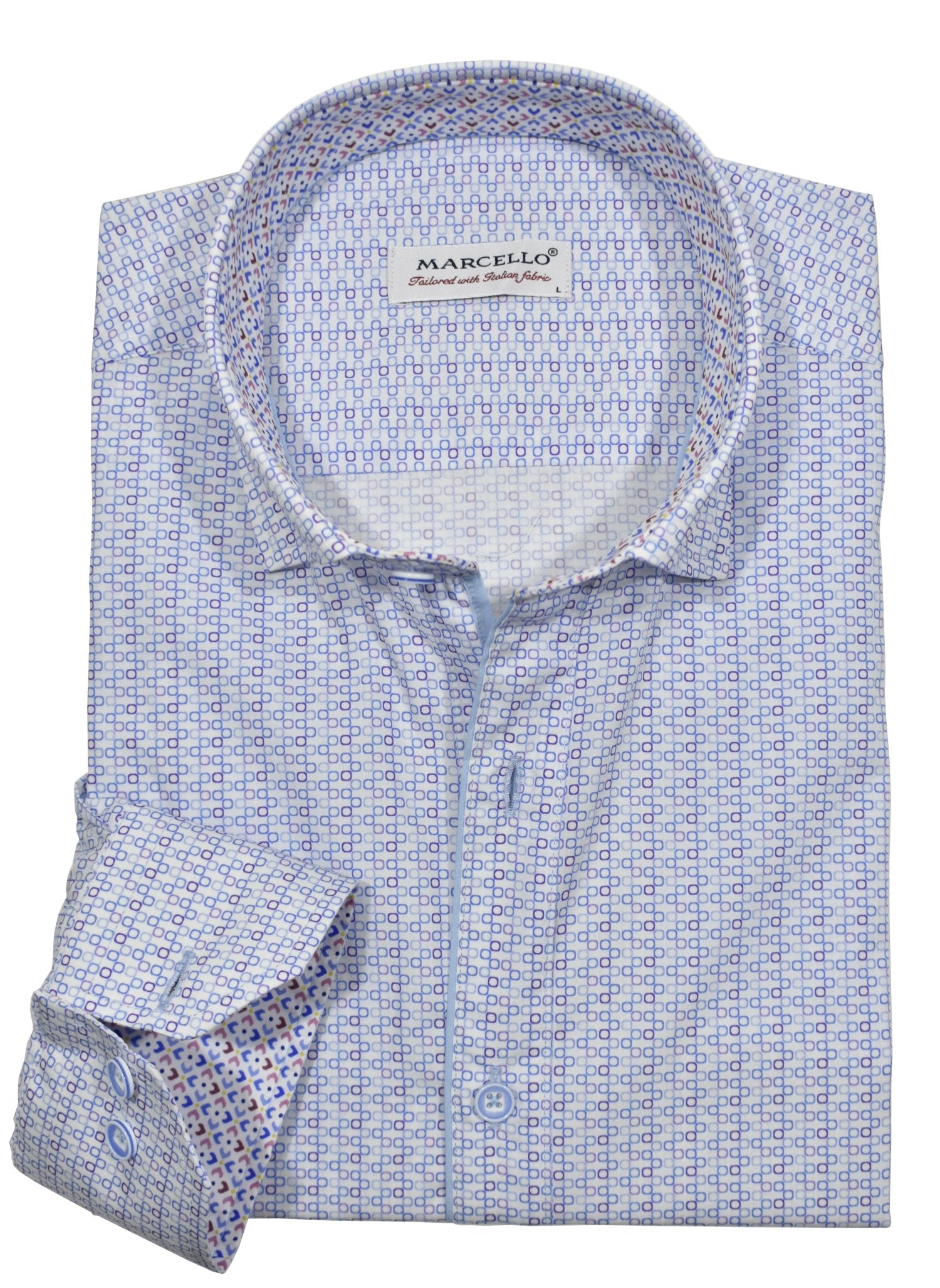 Indulge in luxurious comfort with W045 Lilac Circles by Marcello Sport. The soft cotton sateen fabric provides a luxurious touch while accent taping and matched buttons add a touch of elegance. The medium hidden button down collar keeps you looking sharp.
