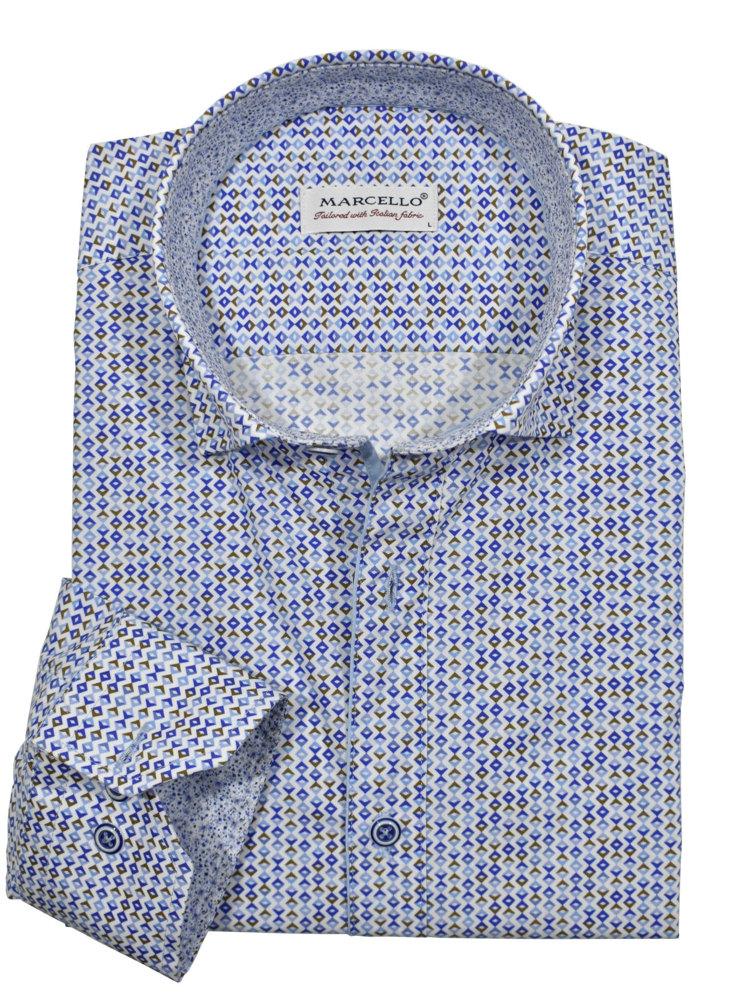Indulge in luxurious comfort with W046 Shaded Diamonds by Marcello Sport. The soft cotton sateen fabric provides a luxurious touch while accent taping and matched buttons add a touch of elegance. The medium hidden button down collar keeps you looking sharp.