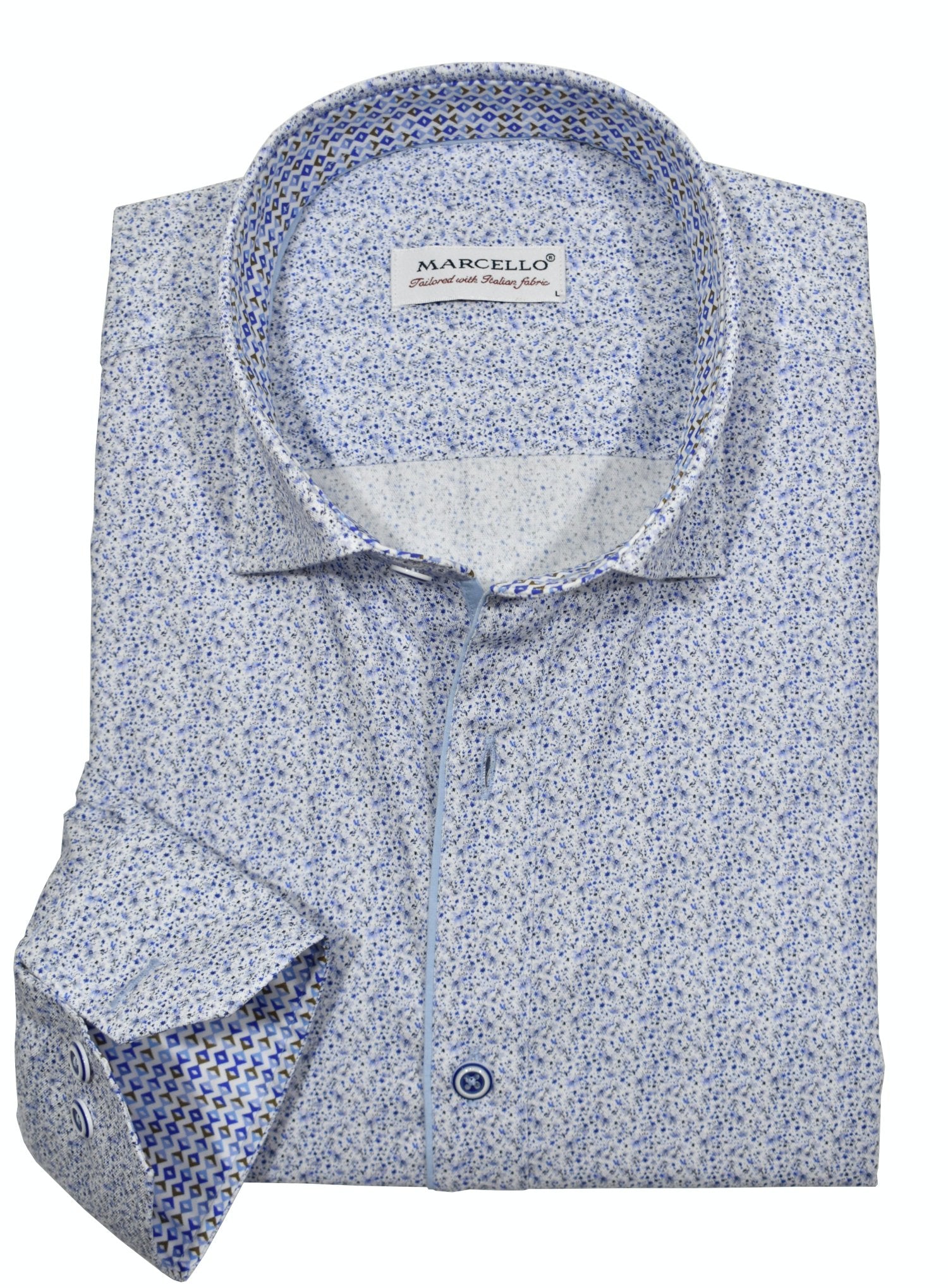 Indulge in luxurious comfort with W050 Ocean Speckle by Marcello Sport. The soft cotton sateen fabric provides a luxurious touch while accent taping and matched buttons add a touch of elegance. The medium hidden button down collar keeps you looking sharp. Elevate your style with matched edge piping and trim fabric.