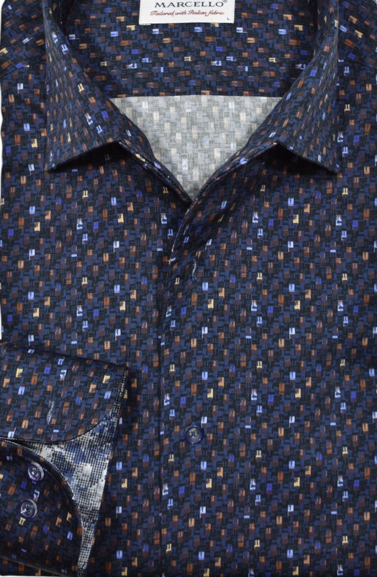 Experience a perfect blend of style and comfort with our Marcello Cityscape Roll Collar Shirt.