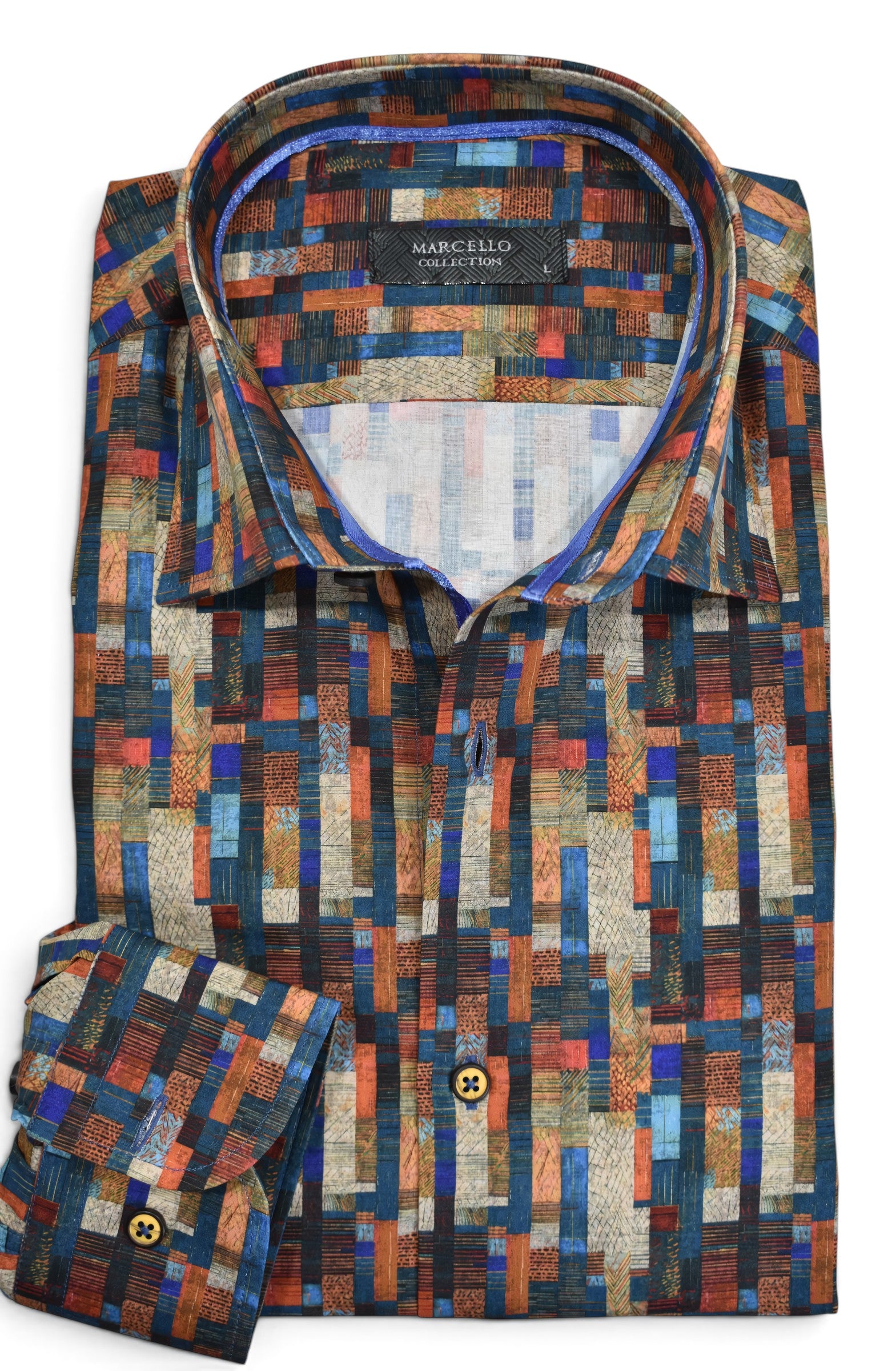 Marcello tempe geometric shirts in rust and blue colors.
