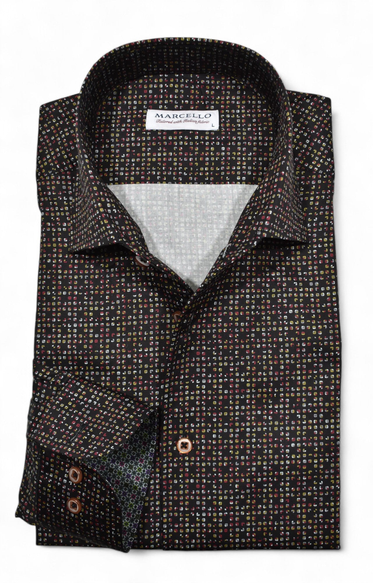 This Marcello black sport shirt will elevate your style with its rustic toned circle design and soft cotton sateen fabric.