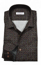 This Marcello black sport shirt will elevate your style with its rustic toned circle design and soft cotton sateen fabric.