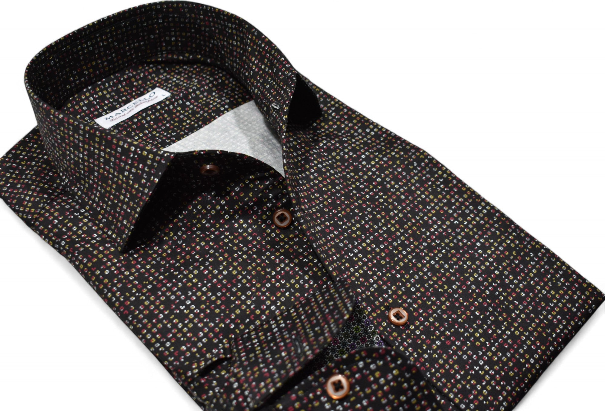 This Marcello black sport shirt will elevate your style with its rustic toned circle design and soft cotton sateen fabric.