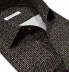 This Marcello black sport shirt will elevate your style with its rustic toned circle design and soft cotton sateen fabric.