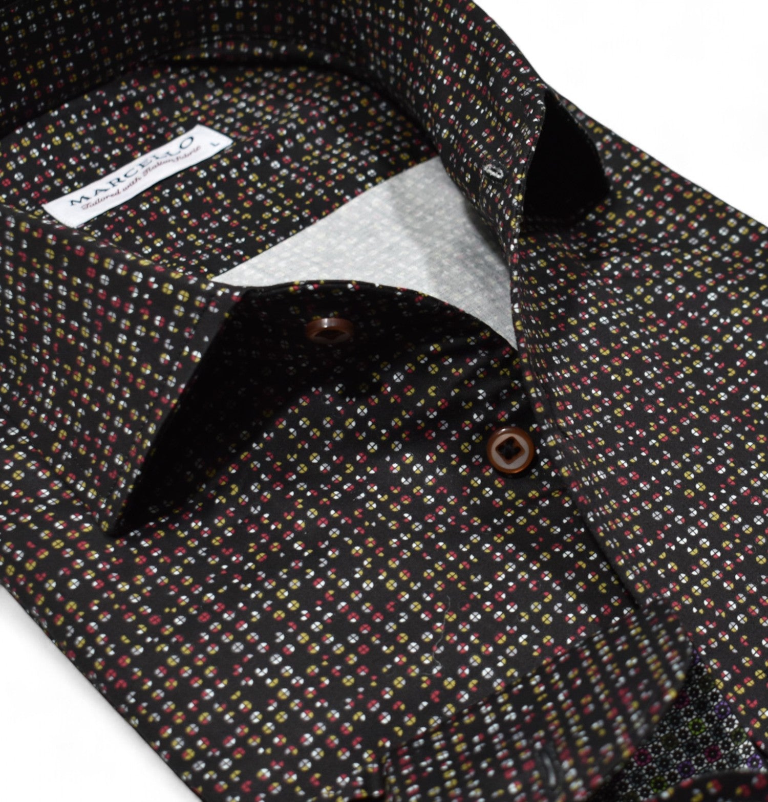 This Marcello black sport shirt will elevate your style with its rustic toned circle design and soft cotton sateen fabric.