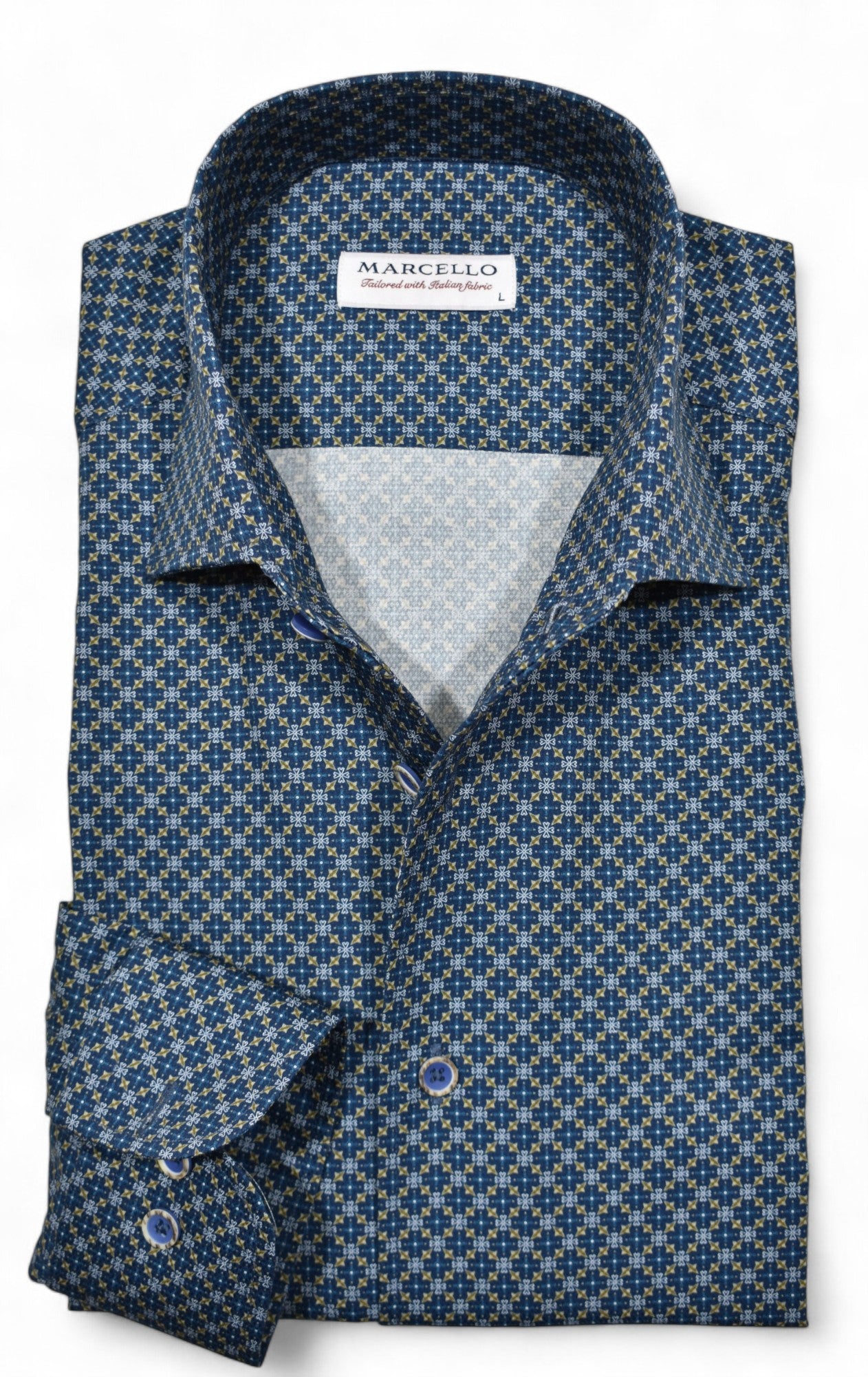 The Marcello Myers Medallion is made from soft, textured cotton sateen fabric and features a beautiful multi medallion print in navy, sky blue, and camel.