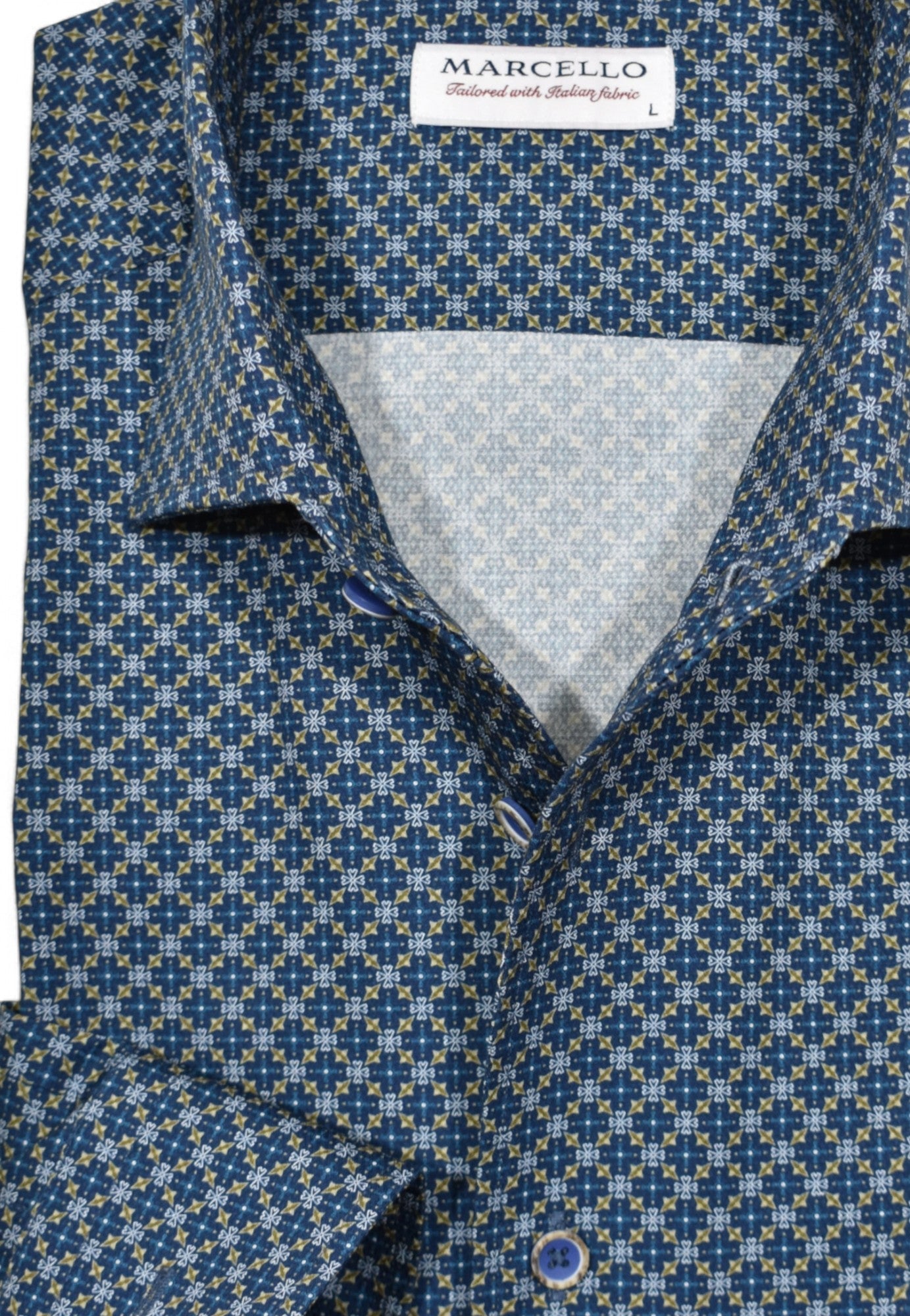 The Marcello Myers Medallion is made from soft, textured cotton sateen fabric and features a beautiful multi medallion print in navy, sky blue, and camel.