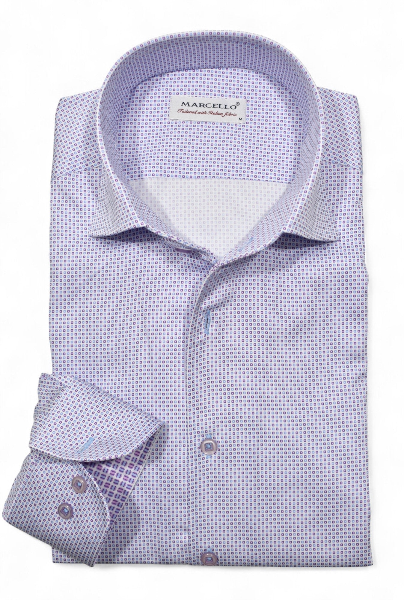Elevate your wardrobe with this sophisticated two-tone square pattern in mauve and sky blue, by Marcello.
