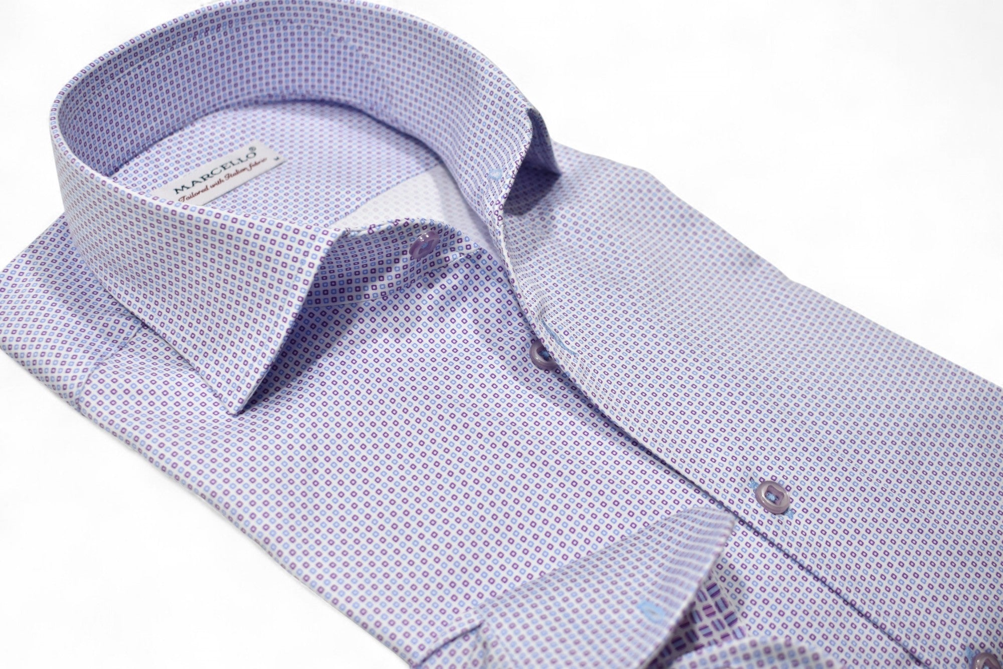 Elevate your wardrobe with this sophisticated two-tone square pattern in mauve and sky blue, by Marcello.