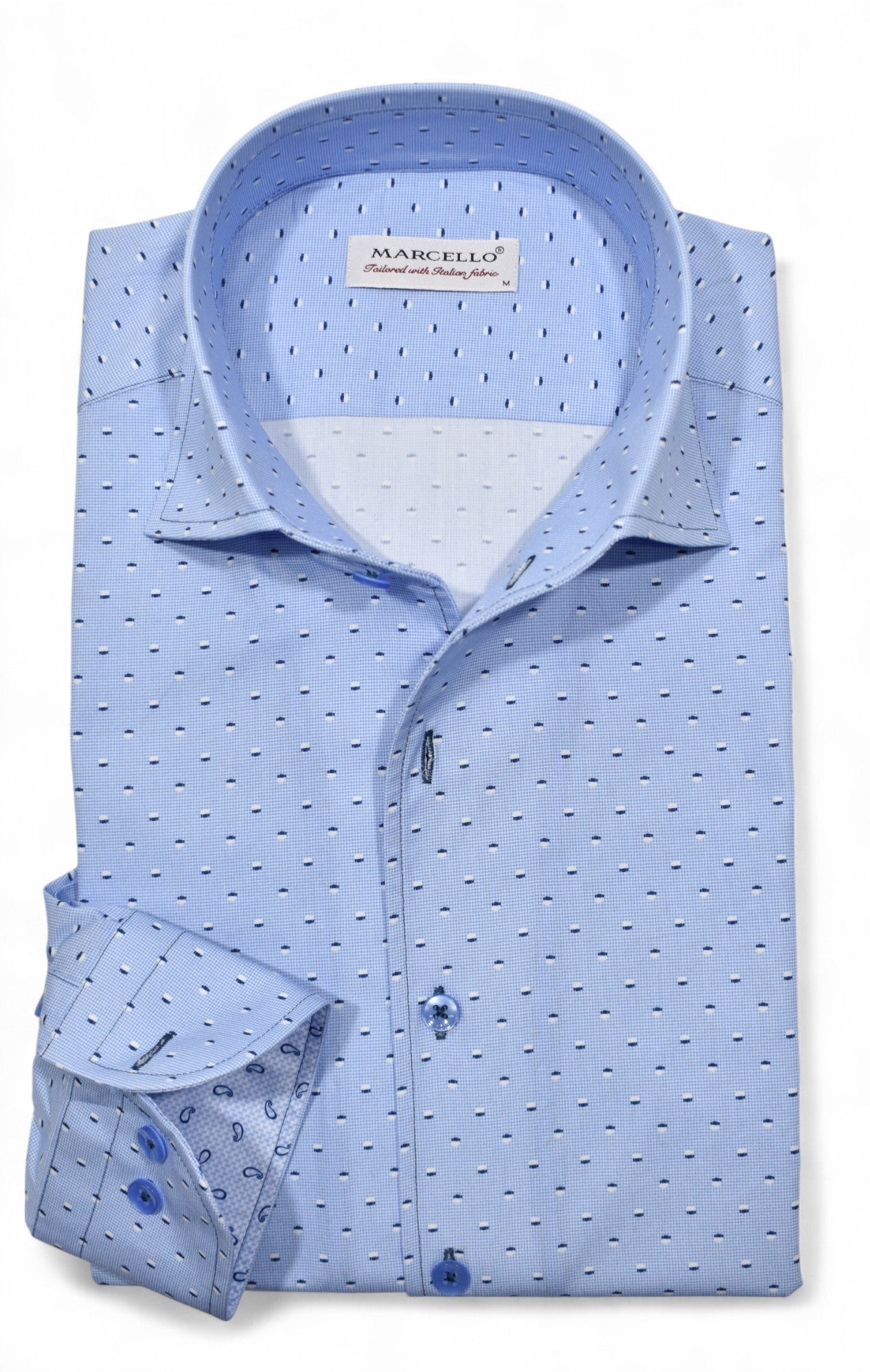 Marcello blue shirt with accent circles.