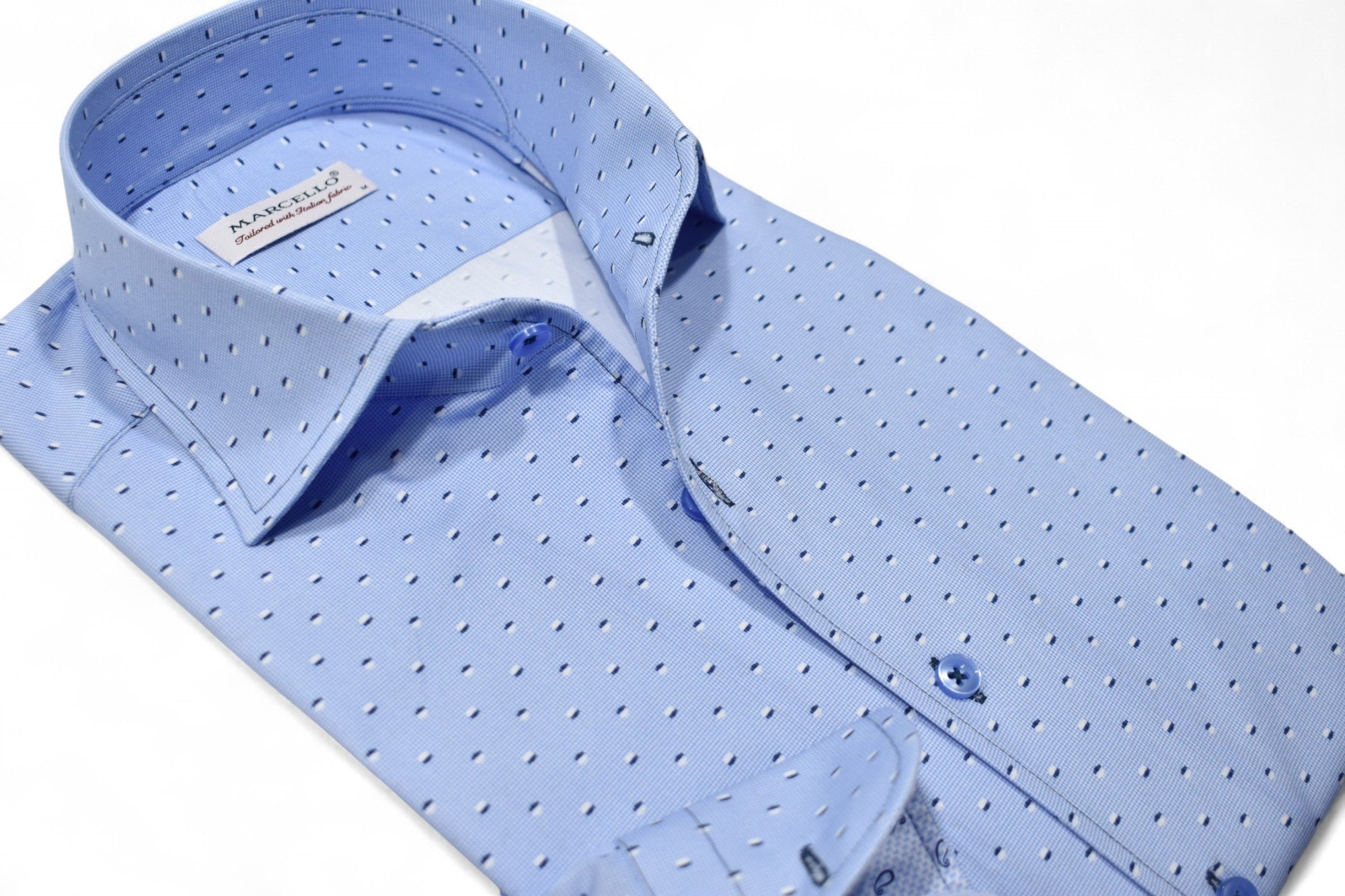 Marcello blue shirt with accent circles.