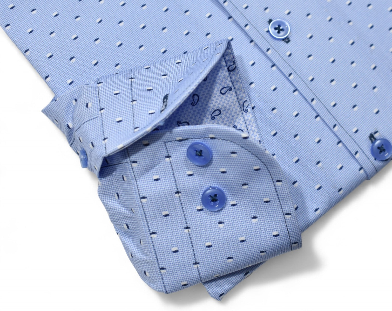 Marcello blue shirt with accent circles.
