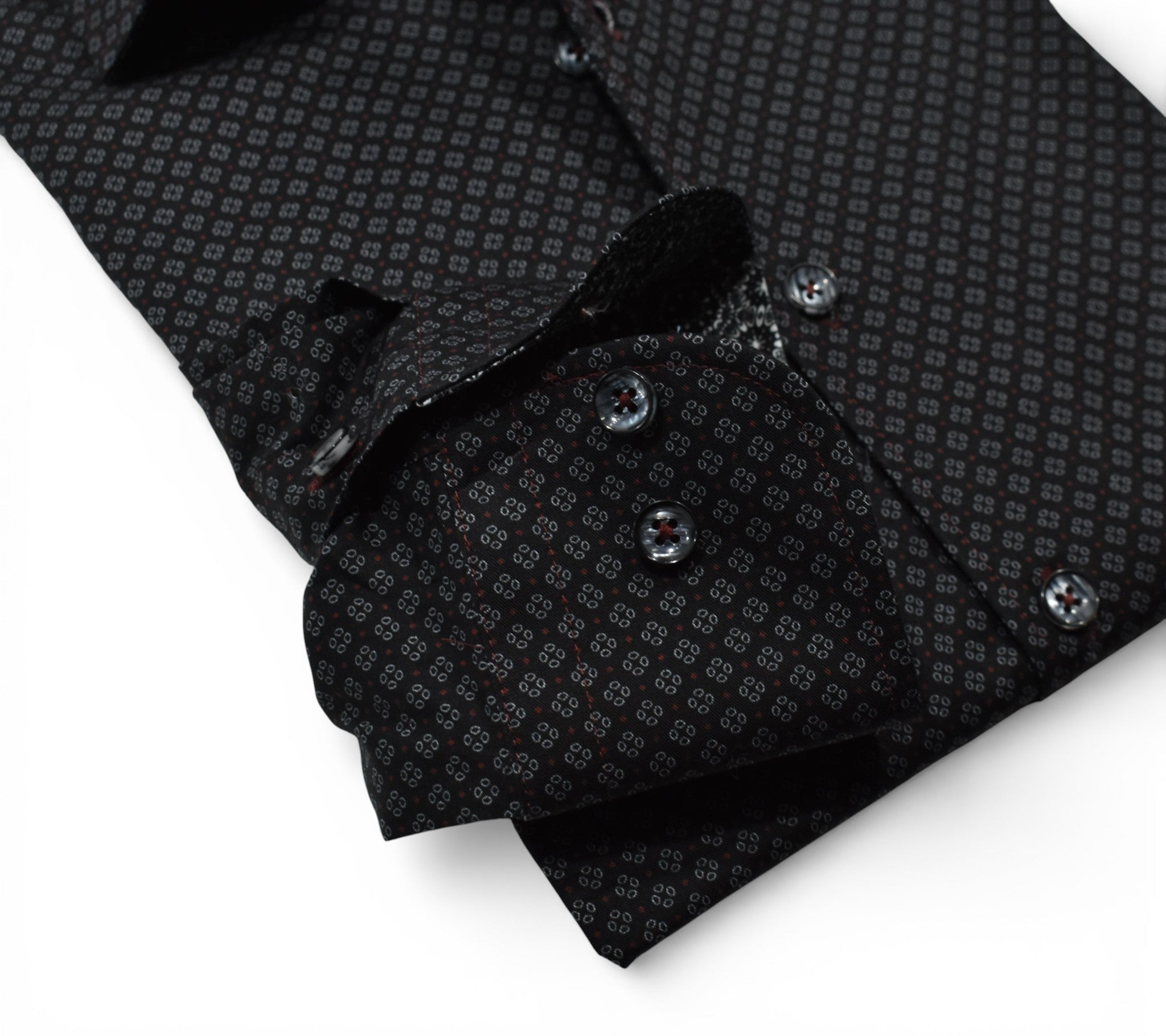 Marcello black with silver and wine pattern shirt.