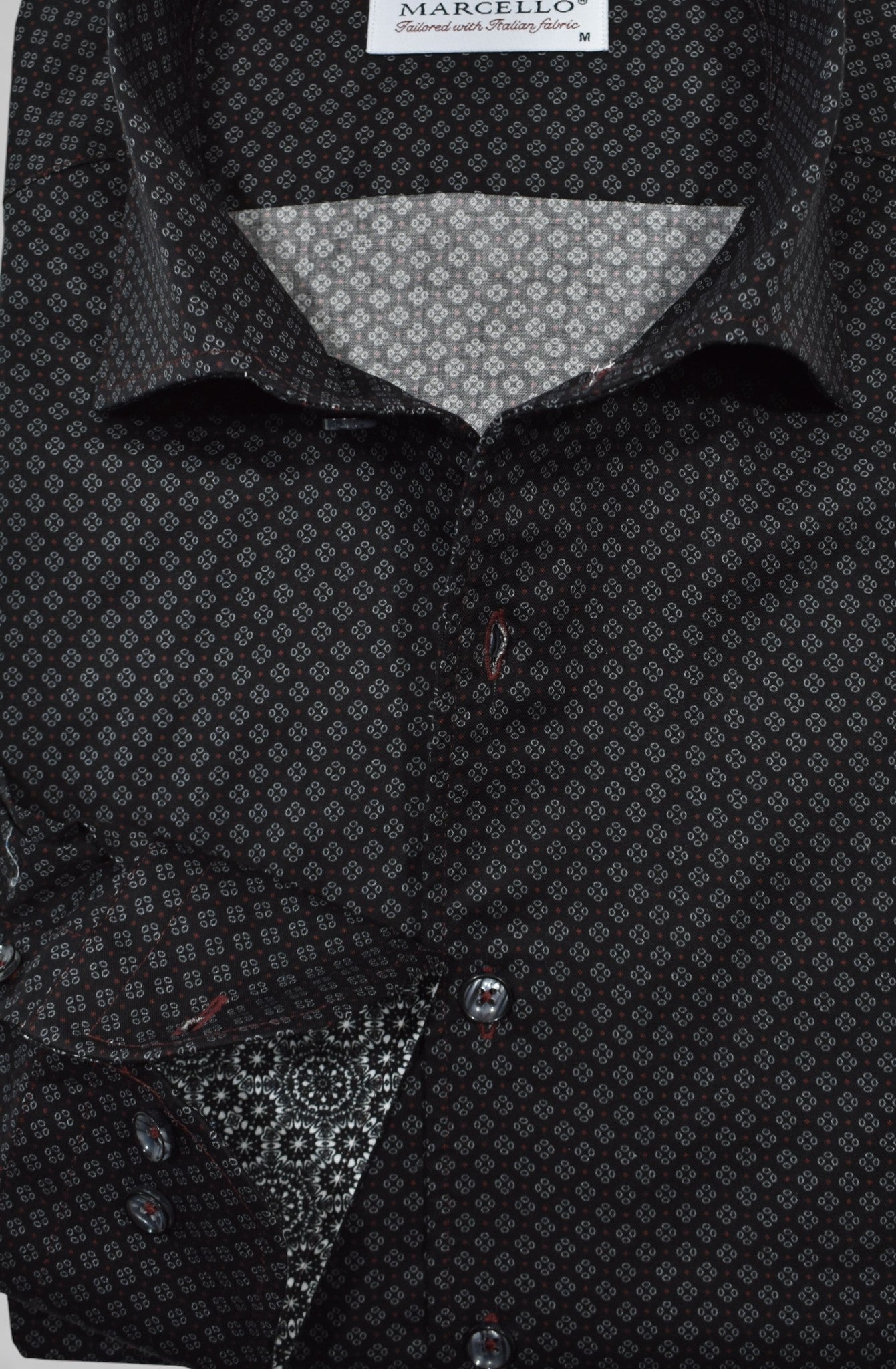 Marcello black with silver and wine pattern shirt.