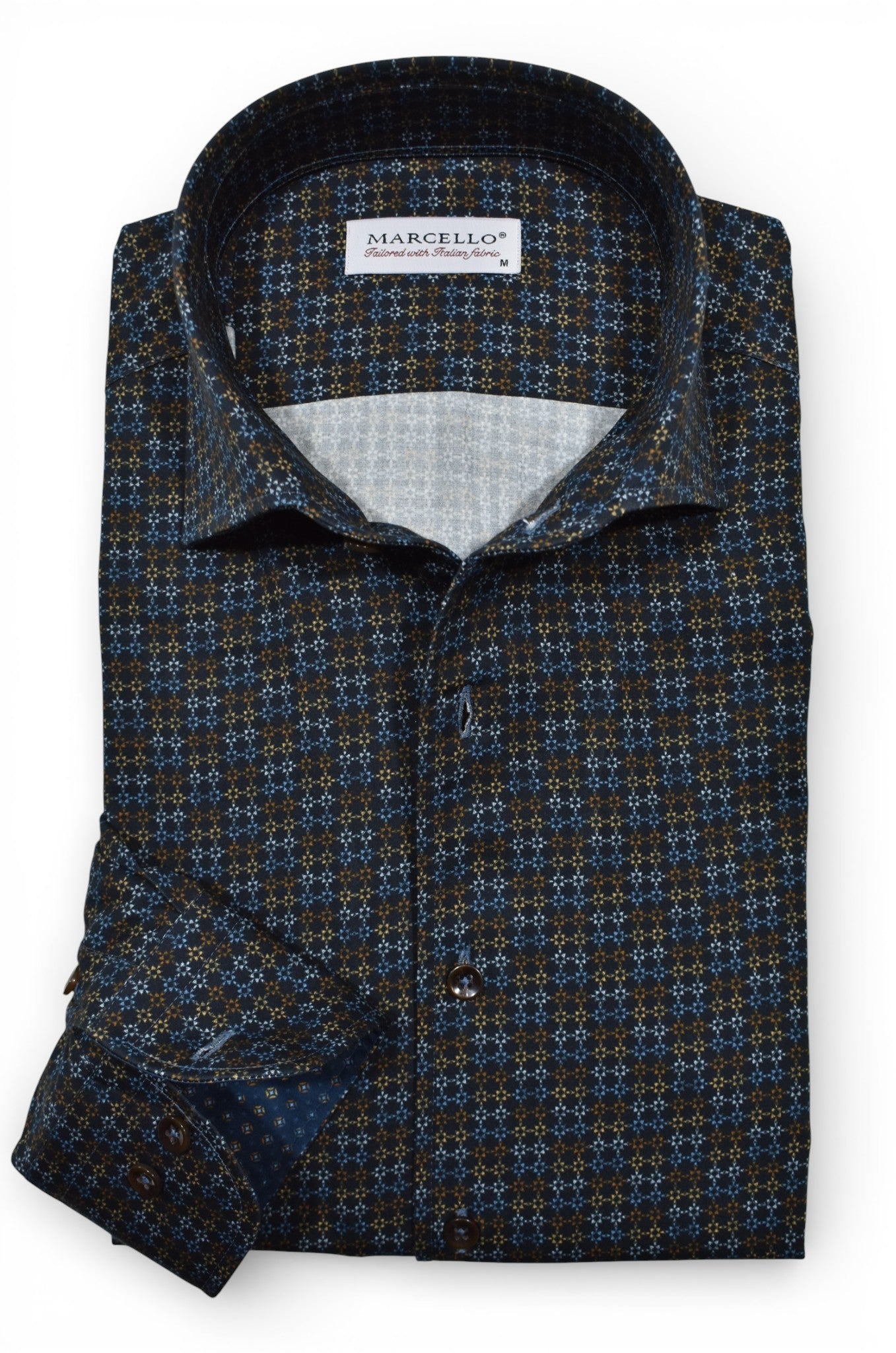 Marcello color linked boxes on a black shirt.