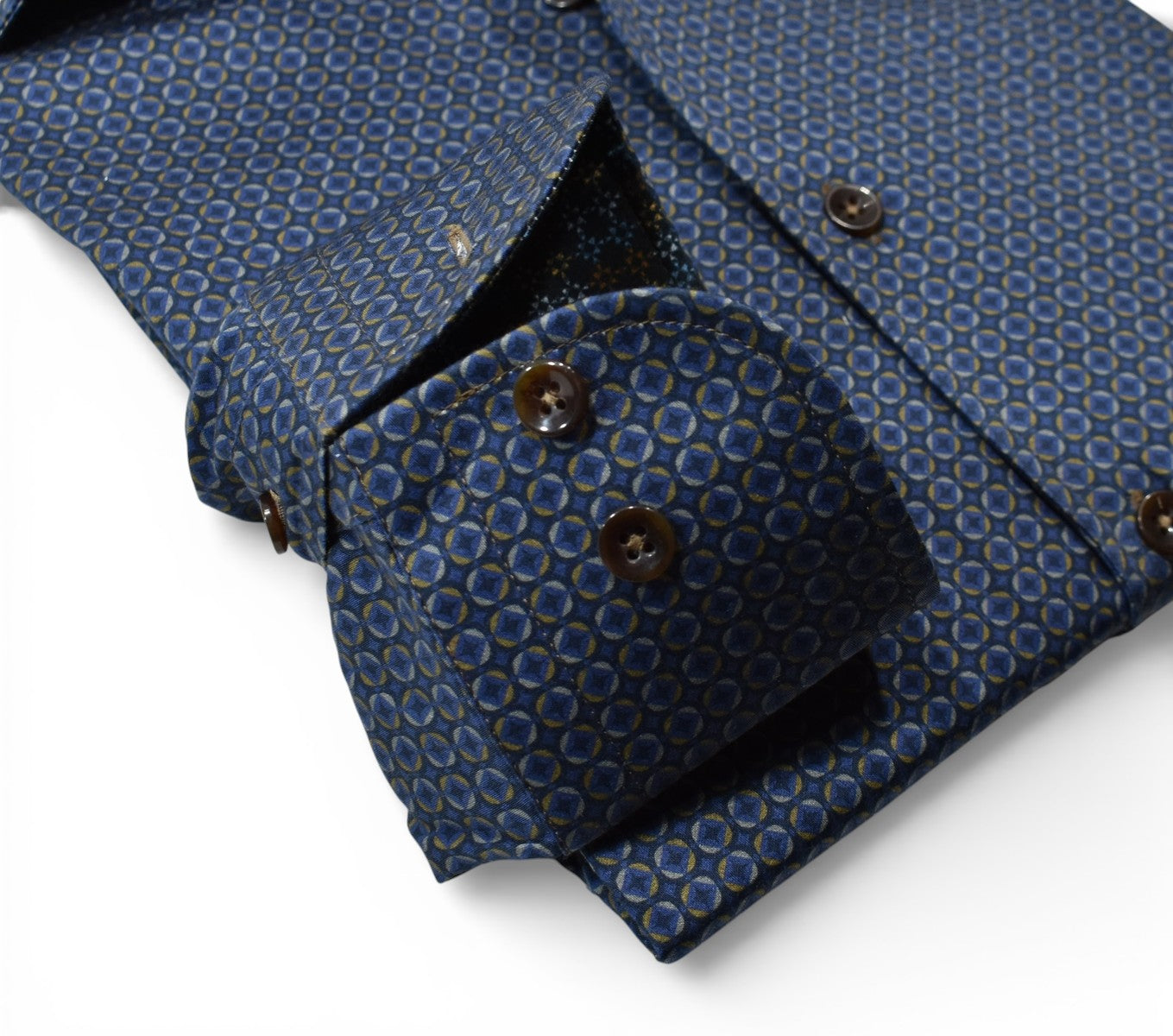 Navy Marcello shirt with round medallions.