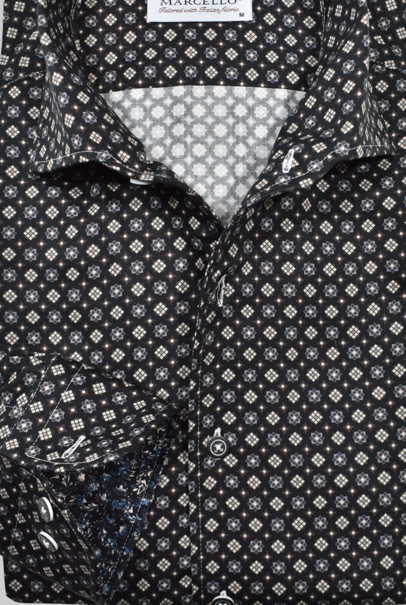 Marcello black multi medallion sport shirt.