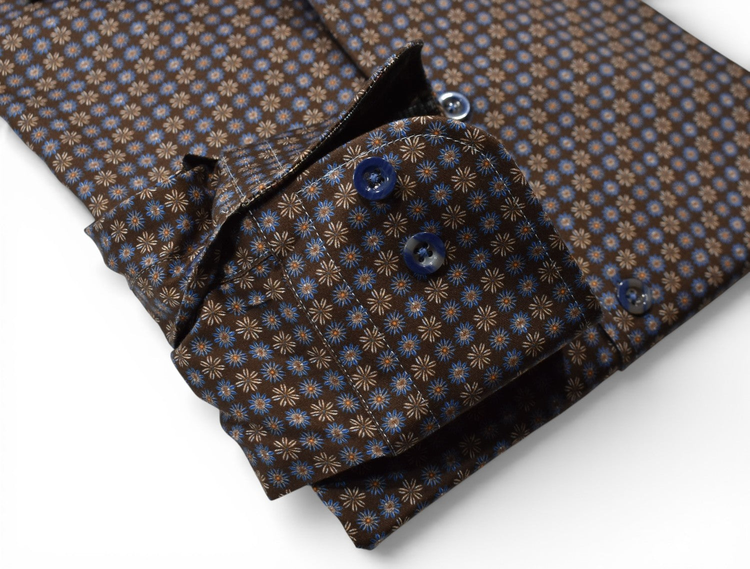 Marcello chocolate shirts with tan and blue medallions.