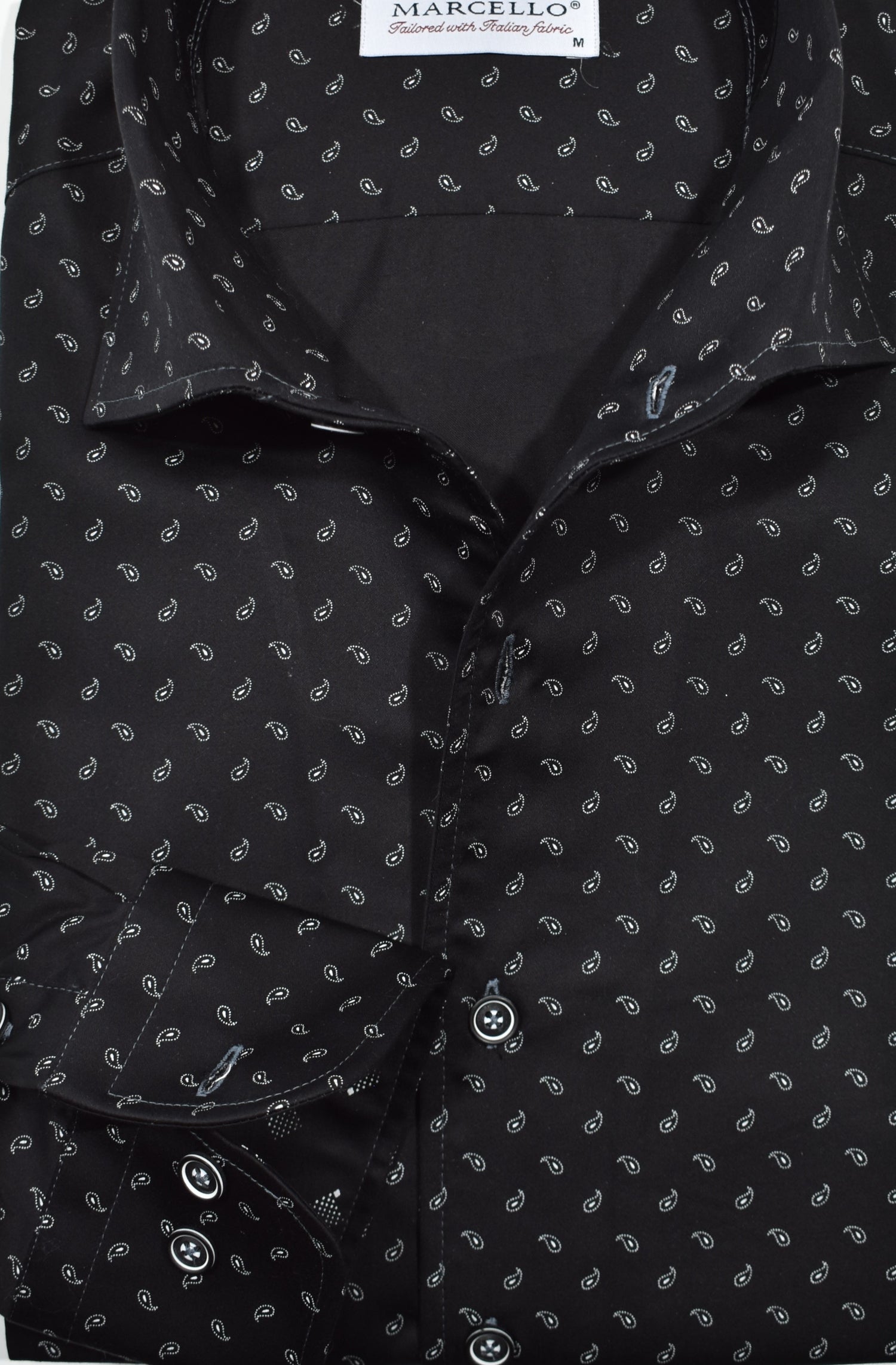 Marcello black shirt with white paisley.