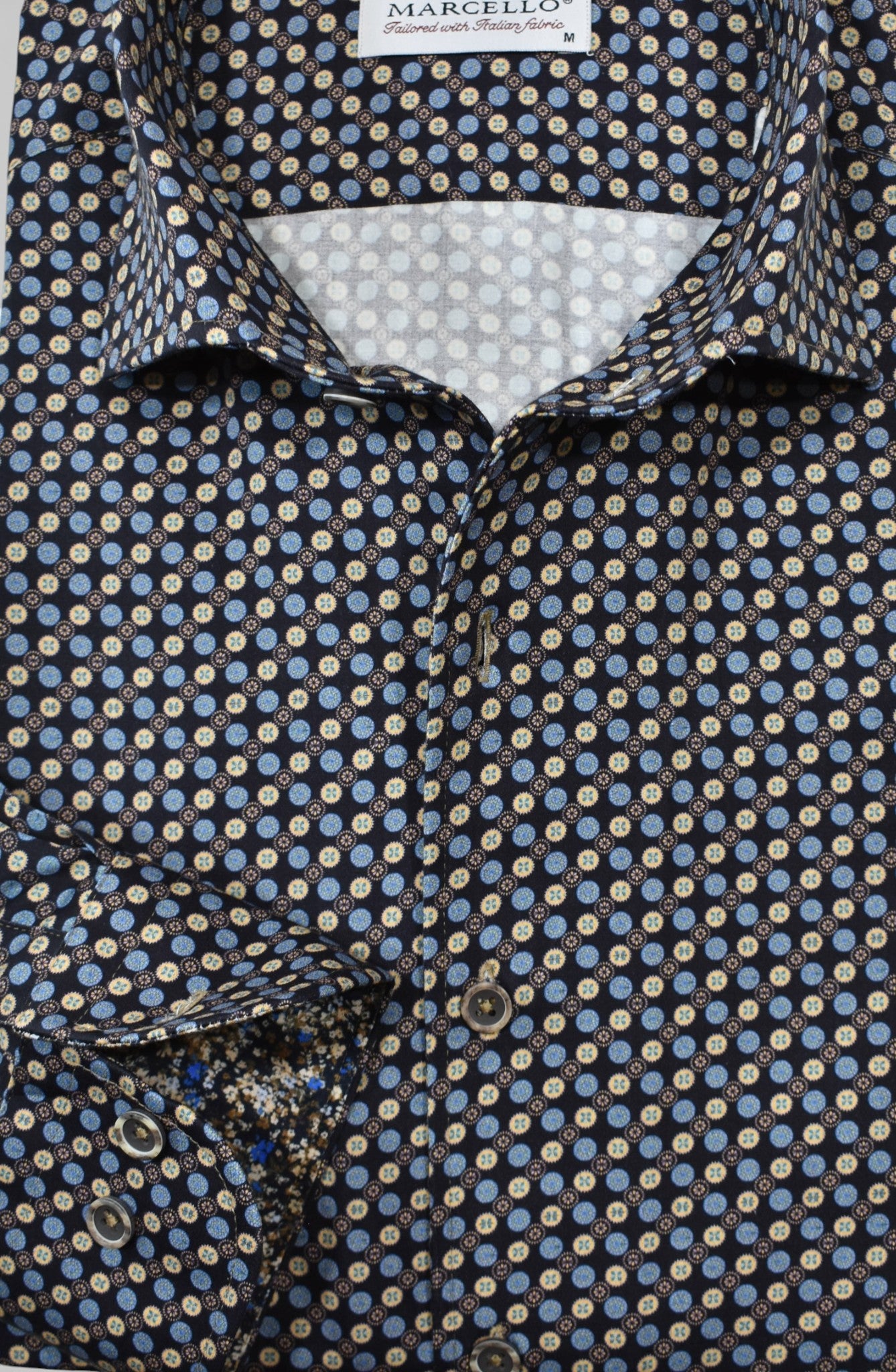 Marcello blue tan circle medallion shirt.