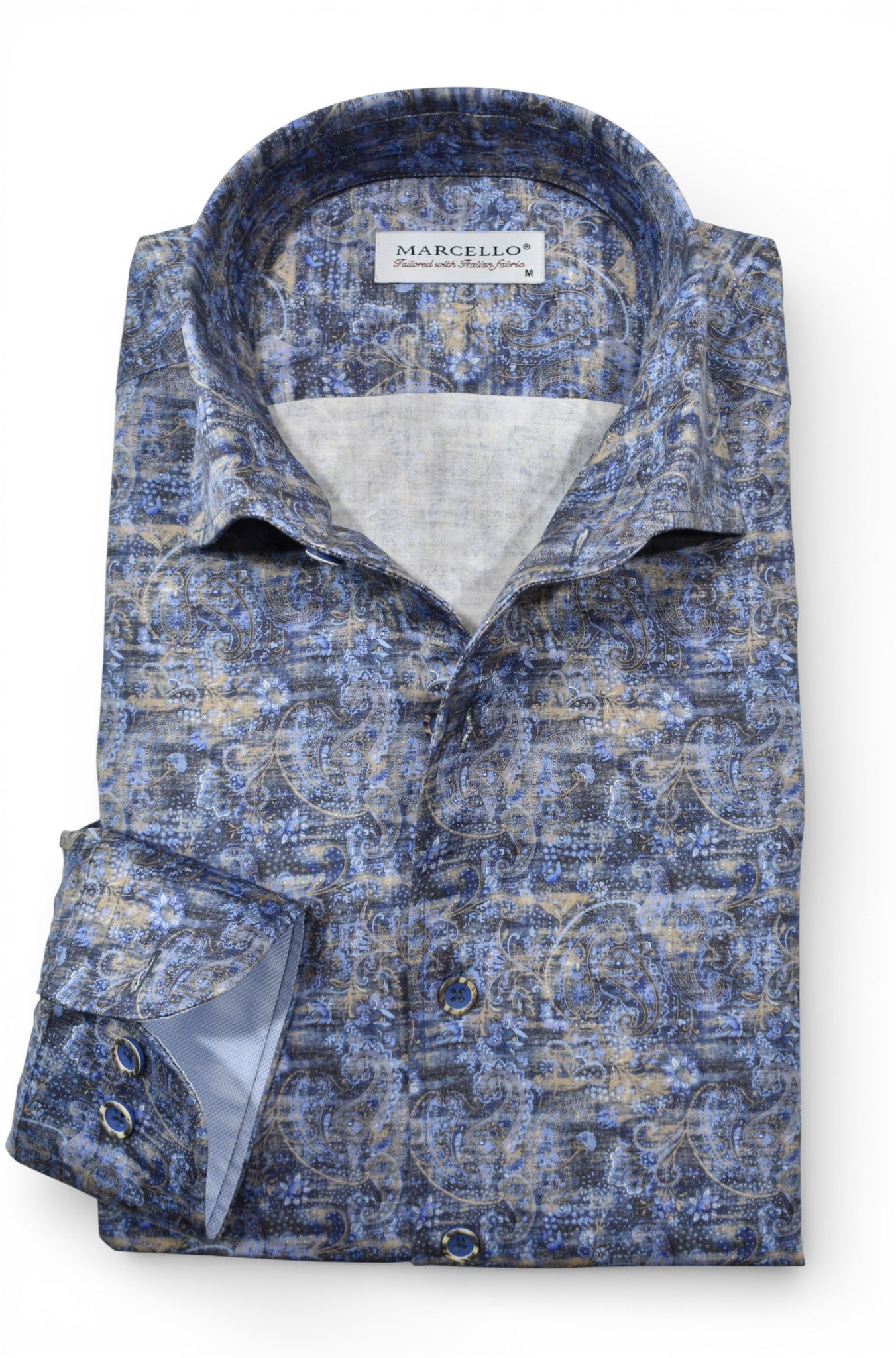 Marcello blended indigo and tan paisley.