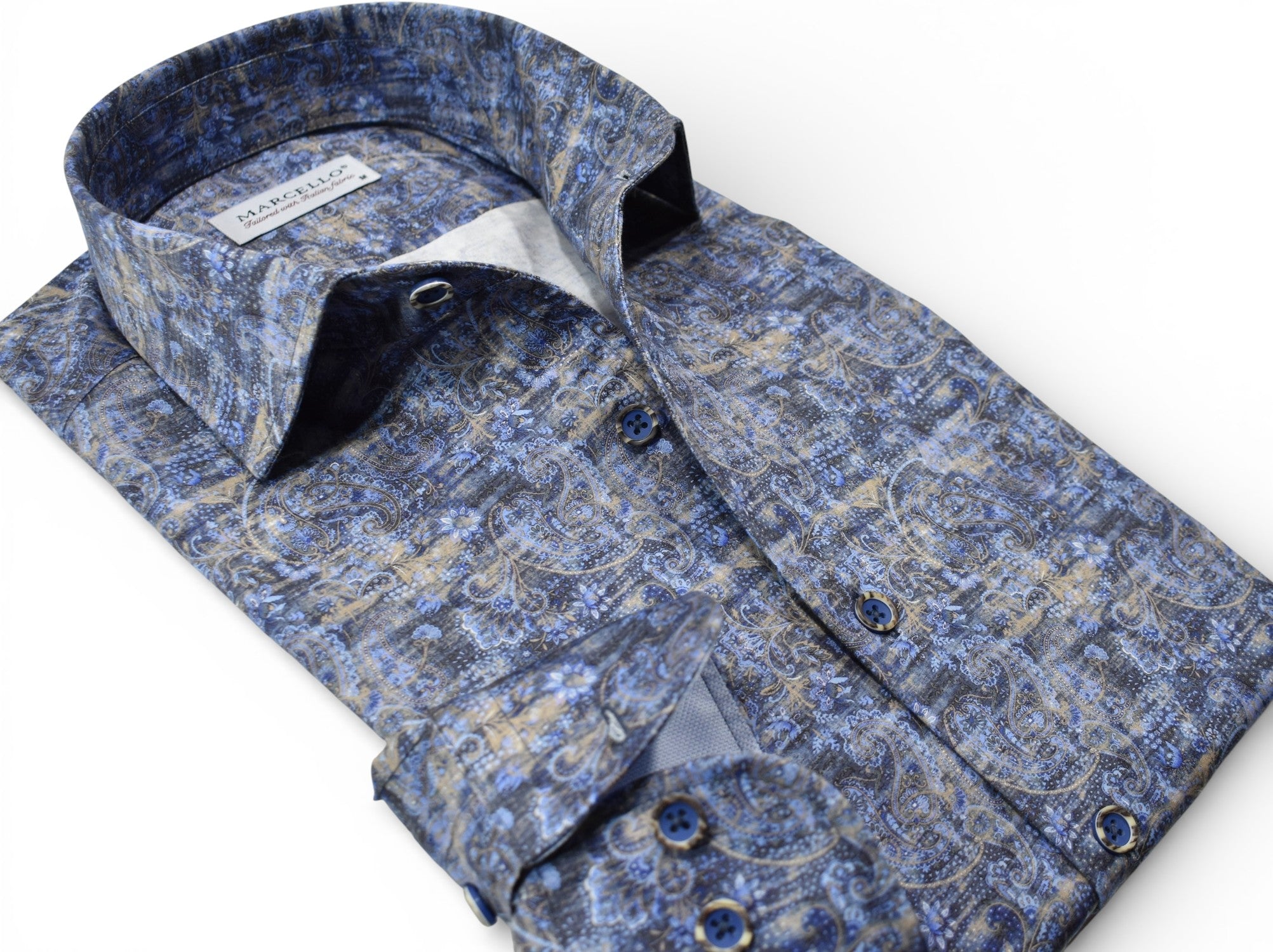 Marcello blended indigo and tan paisley.