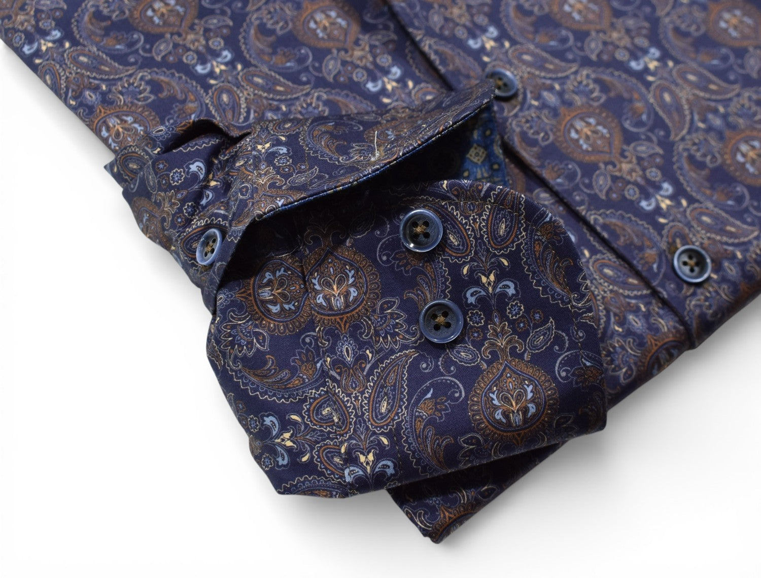 Marcello navy shirt with tan and mocha paisley pattern.
