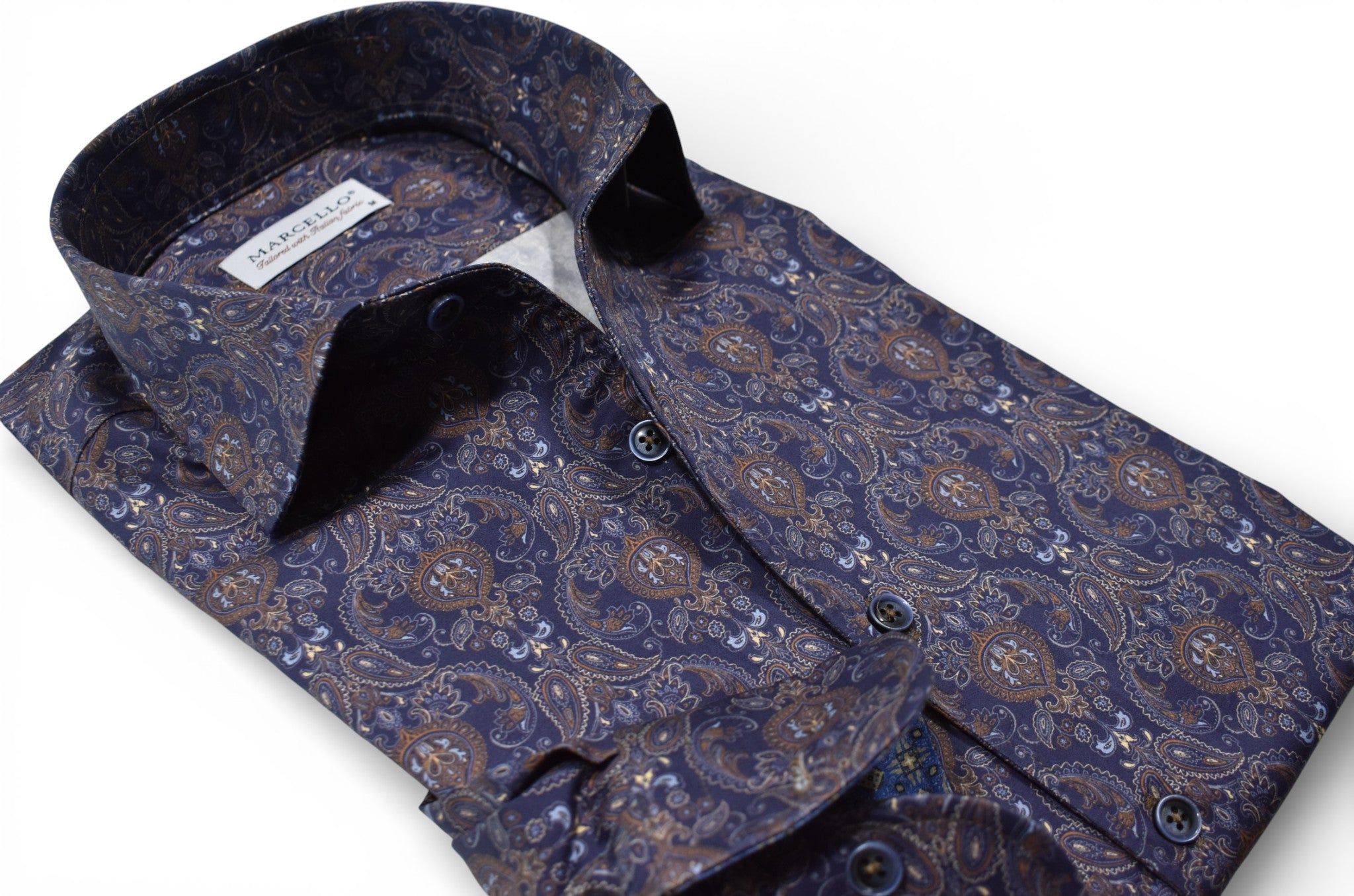 Marcello navy shirt with tan and mocha paisley pattern.