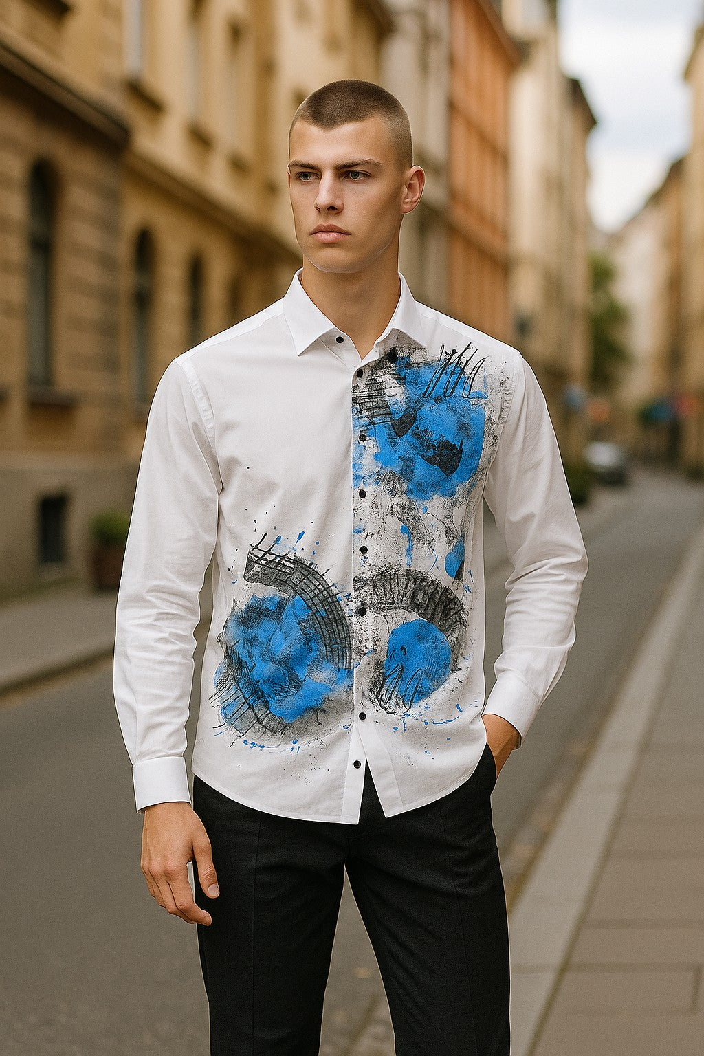 From the Marcello exclusive hand painted collection, we bring you this crisp white, cotton sateen shirt, adorned with the artist's hand painted abstract image.