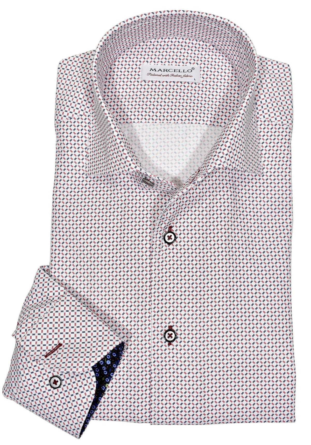 Exclusive Marcello 1 Piece Roll Collar Shirt.  The one piece roll collar stands perfectly and looks fantastic alone or under a sport coat.  The fashion red and black open fine diamond pattern coupled with a rich tonal herringbone fabric creates a sophisticated look to set your apart from the rest.  Hand selected buttons, two button cuff placket for the best look when rolling up the cuffs and enhanced stitch detailing.  Classic shaped fit.