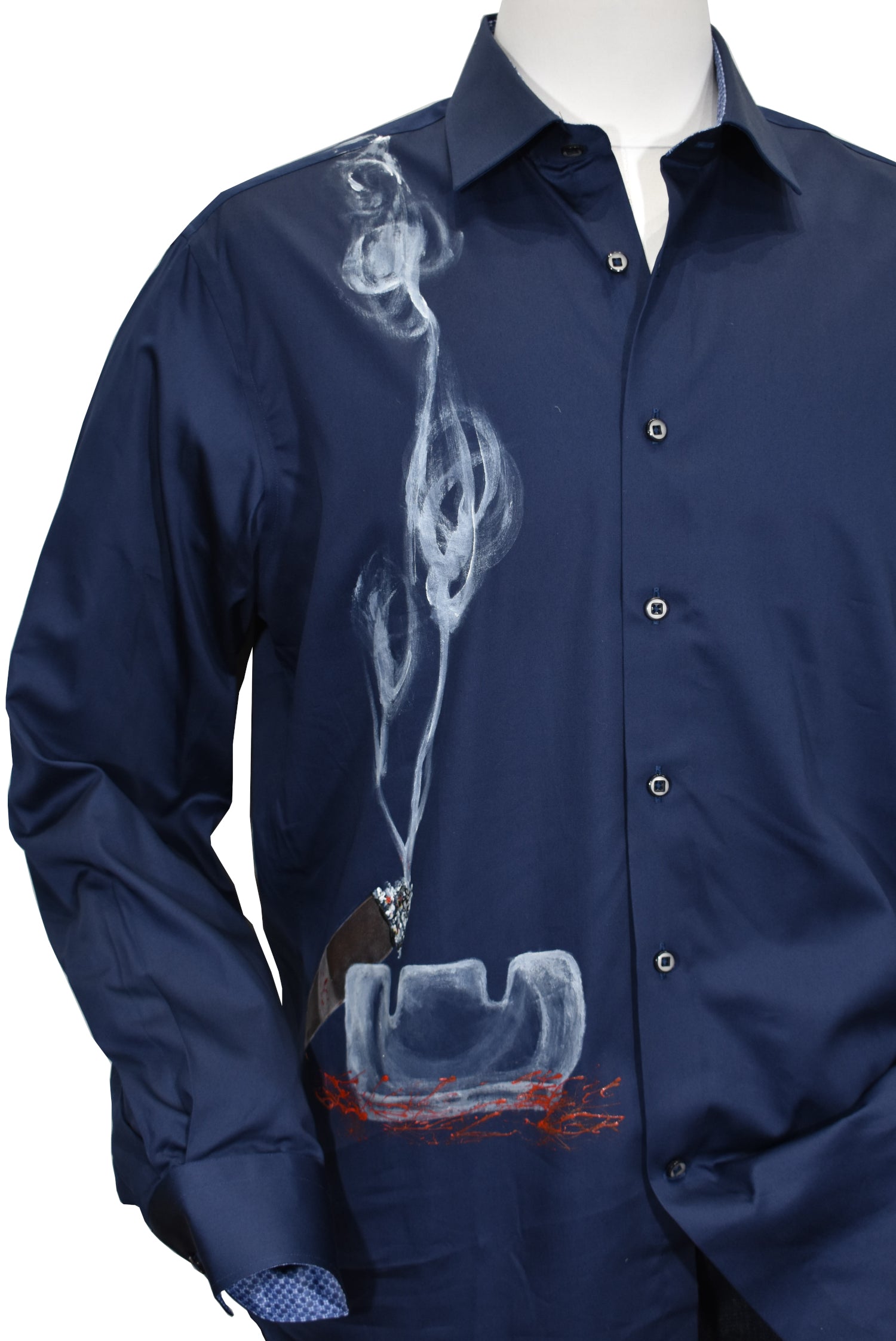 Be unique and stand out with this one-of-a-kind Marcello Hand Painted Cigar shirt. Crafted with luxurious cotton sateen fabric for a soft feel, its exclusive hand painted design will have heads turning. Dare to be bold with this must-have piece! by Marcello