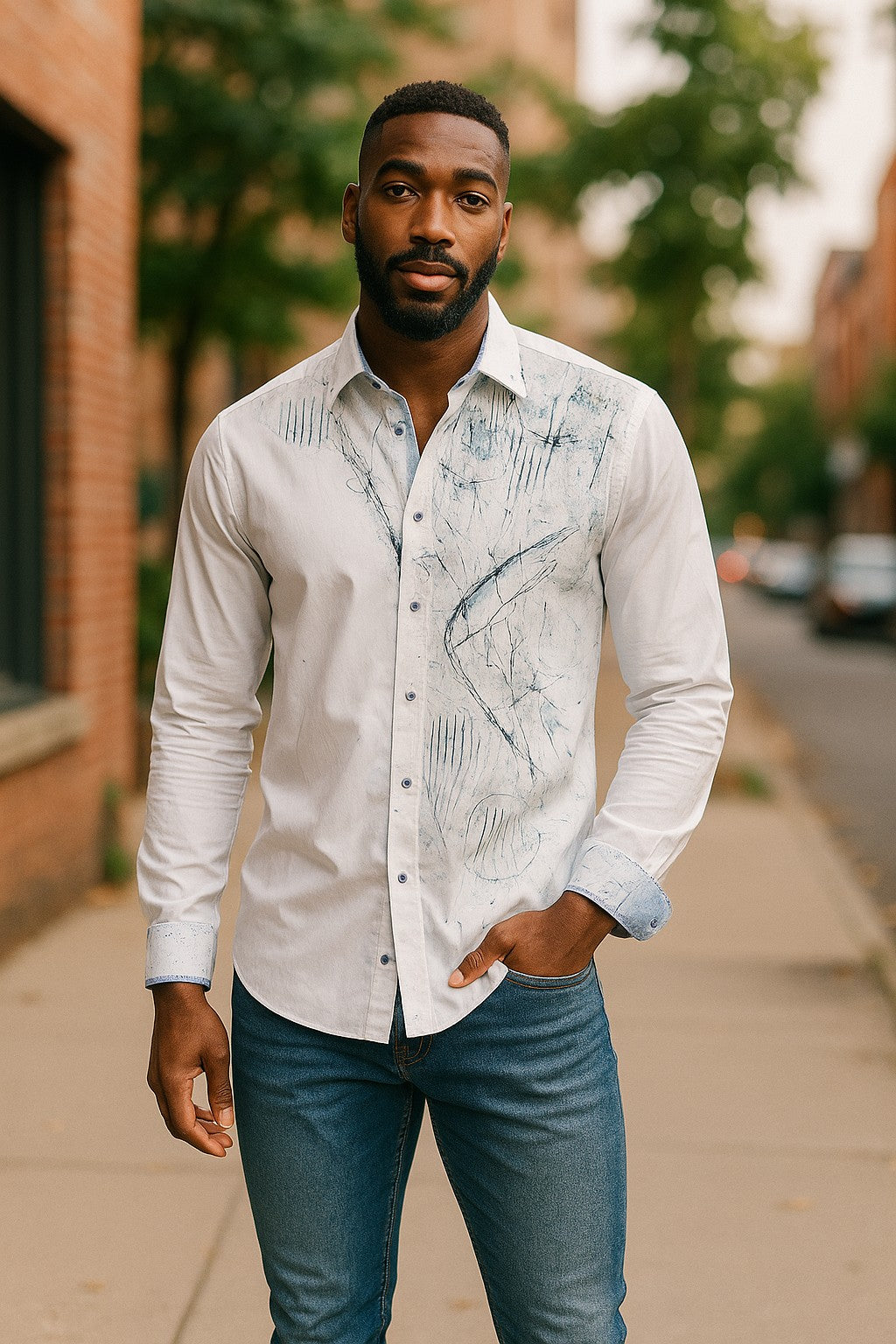 Marcello's exclusive W618P Abstract Geometric Hand Painted shirt series.