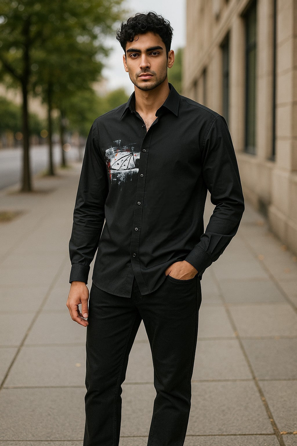 This crisp white shirt features a one-of-a-kind gambling motif, hand-painted by the artist on soft, cotton sateen fabric.