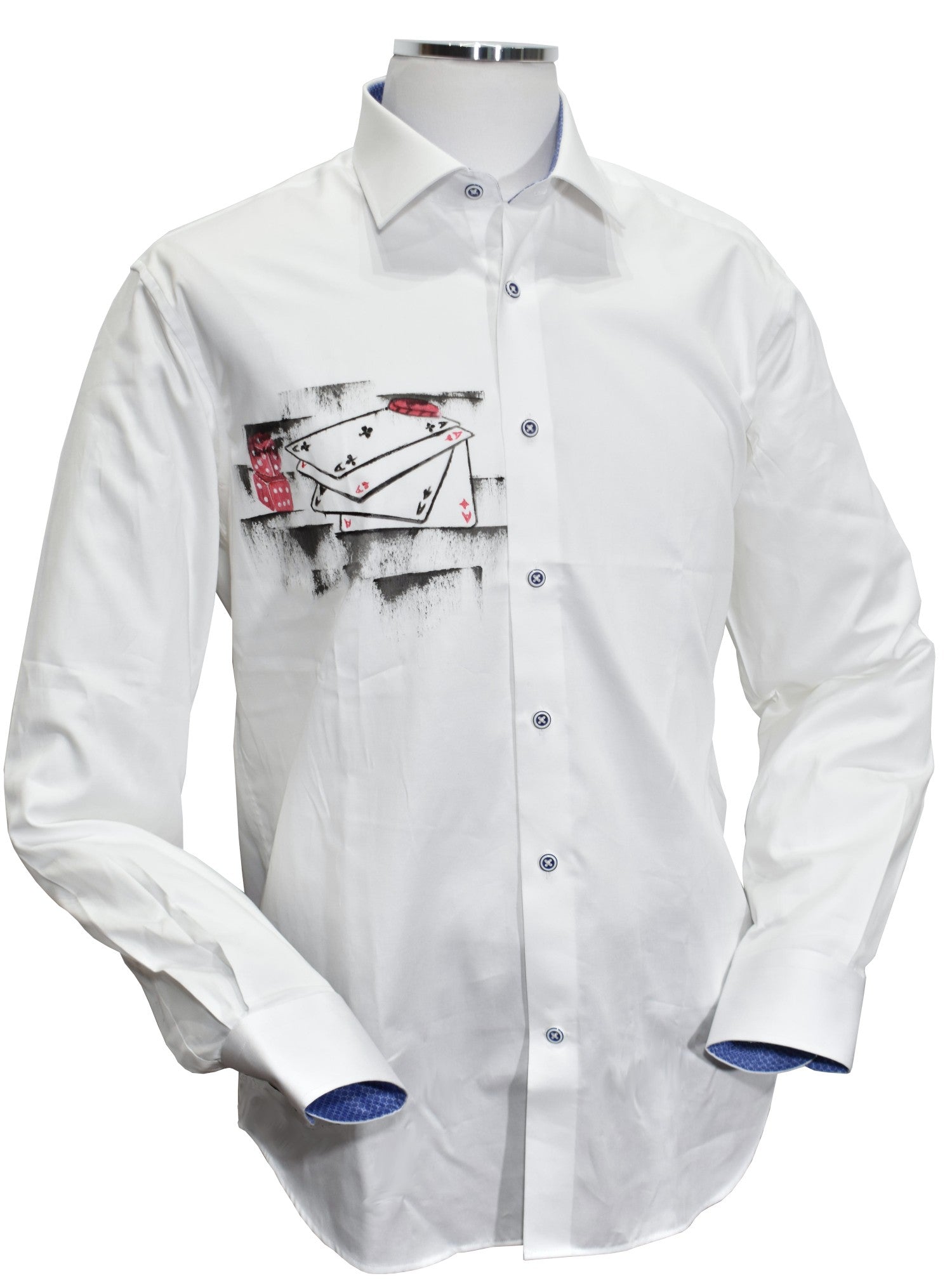 This crisp white shirt features a one-of-a-kind gambling motif, hand-painted by the artist on soft, cotton sateen fabric. Each shirt is unique, making it a truly cool and stylish addition to any wardrobe. The perfect choice for those who want to stand out and make a statement with their fashion. Exclusivey by Marcello.