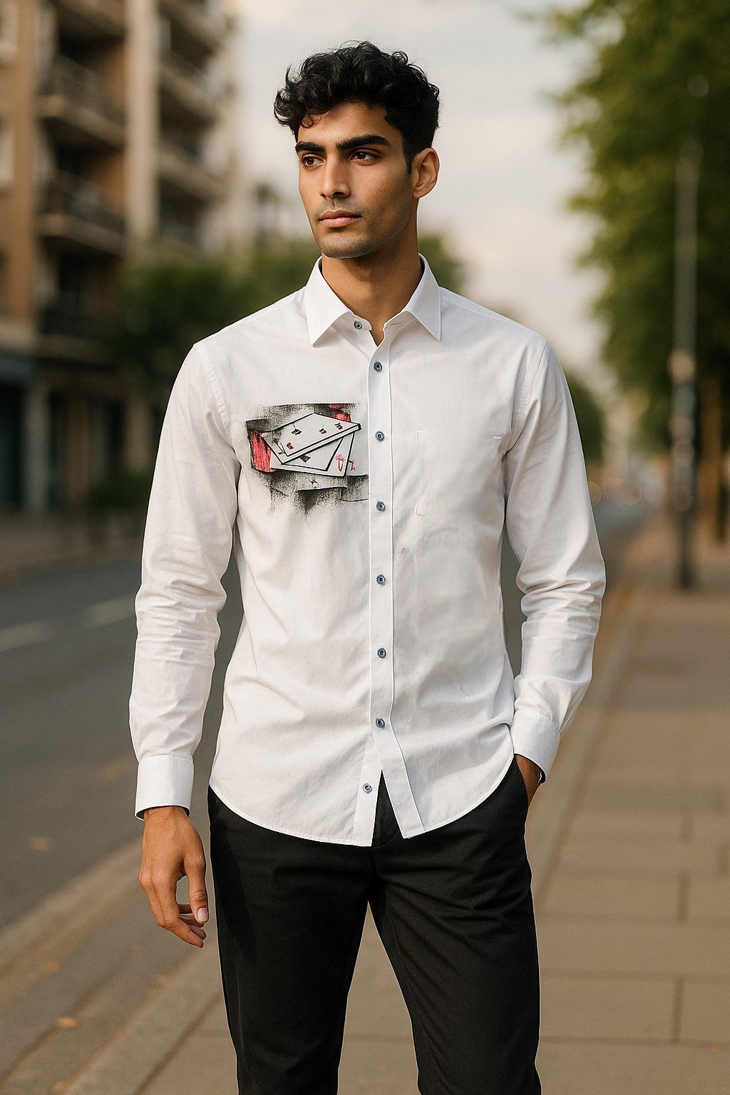 This crisp white shirt features a one-of-a-kind gambling motif, hand-painted by the artist on soft, cotton sateen fabric.