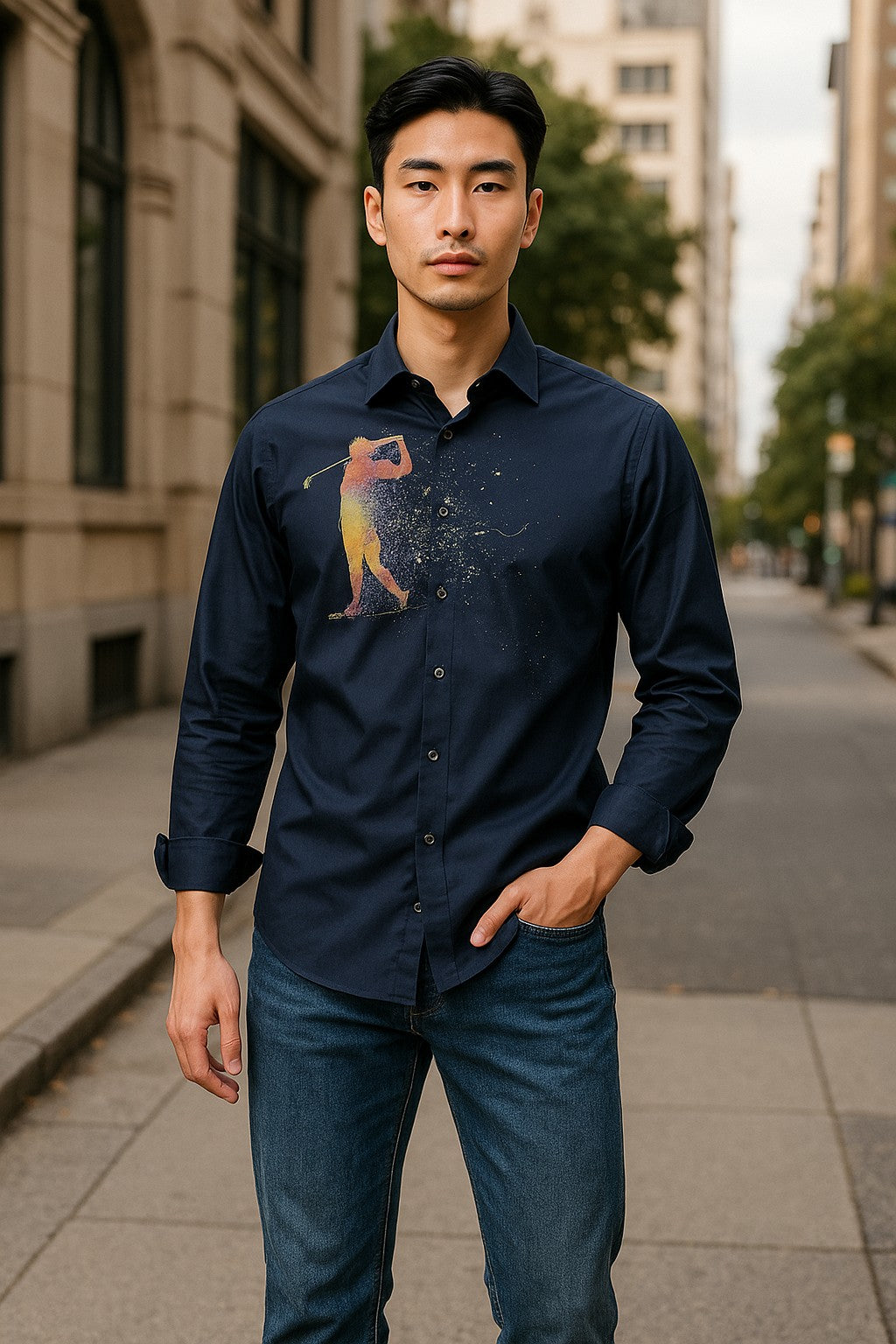 This navy shirt features a one-of-a-kind contemporary golf motif, hand-painted by the artist on soft, cotton sateen fabric.