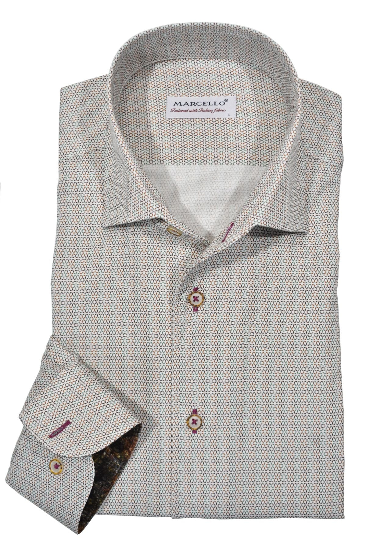 Experience timeless elegance with the W706 Monaco Neat. This sophisticated piece is crafted from soft cotton sateen with a finely printed jeweled tone geometric pattern sure to complement any wardrobe. Further designed with perfectly matched buttons and classic shaped fit, this is a luxurious image. by Marcello