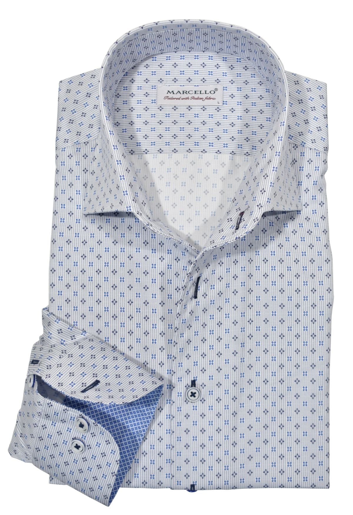 The Marcello one piece, roll collar is a unique standout. Its collar is designed to stay upright and attract attention. Constructed with soft cotton sateen fabric and distinct medallions, this classic sport shirt offers a dynamic fashion look. Its classic tailored fit goes with any style, and it is further complemented by trim fabric and custom buttons.