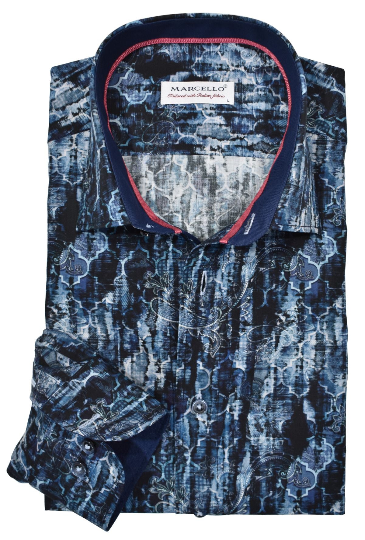 Enhance your wardrobe with this abstract printed shirt featuring a hues of warm indigo and navy. The luxuriously soft cotton composition, paired with matching trim fabric and accent red neck taping, infuses extra flair. The iconic design boasts a mix of geometric shapes and floating paisleys. Additional details include matched buttons and a classic shaped silhouette.